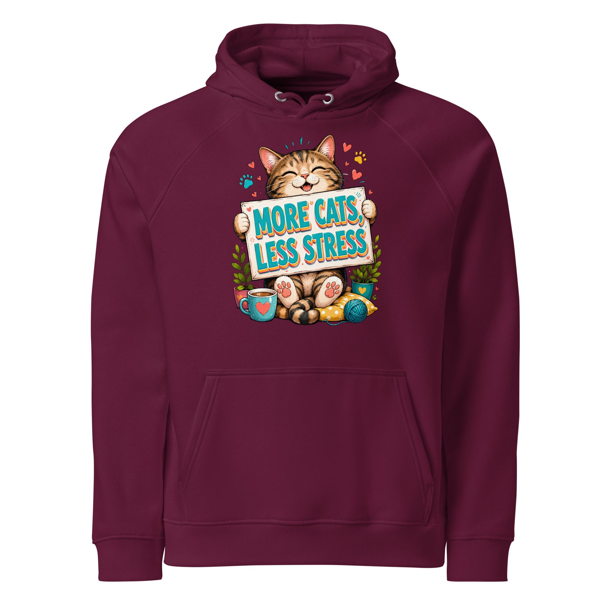 Elite More Cats Less Stress - Premium Luxury Eco Raglan Hoodie for Cat Lovers by printfluence.net
