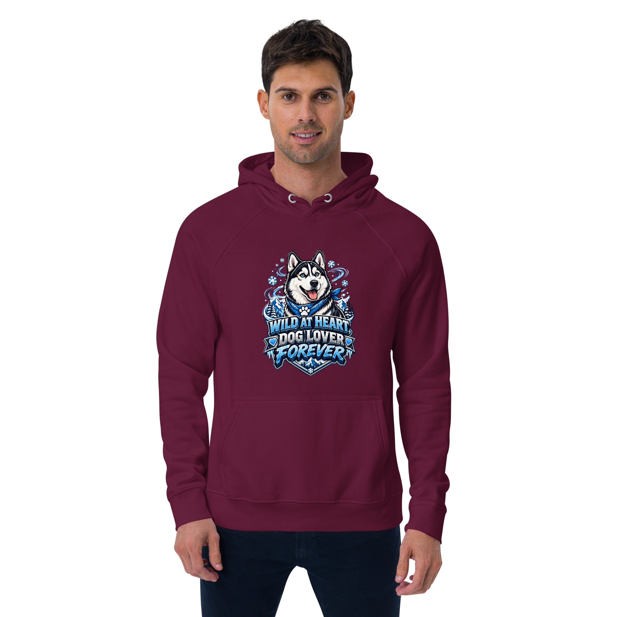 Wild at Heart Husky Blue Eyes Unisex Eco Raglan Hoodie - Sustainable Winter Graphic Pullover by printfluence.net