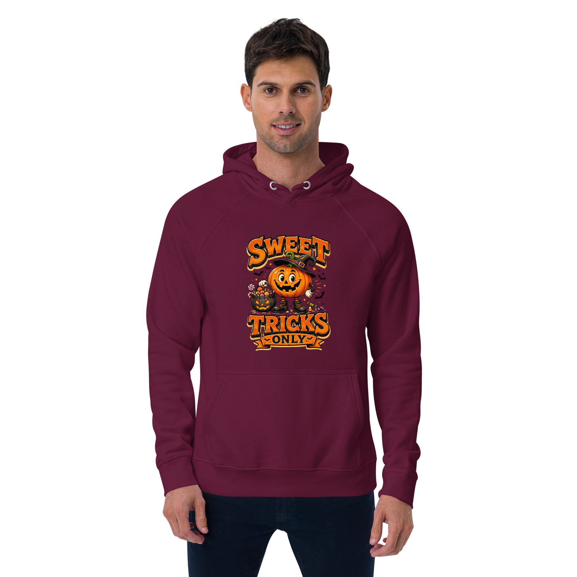 Vintage Halloween Pumpkin Horror & Mystery Unisex Eco Raglan Hoodie by printfluence.net