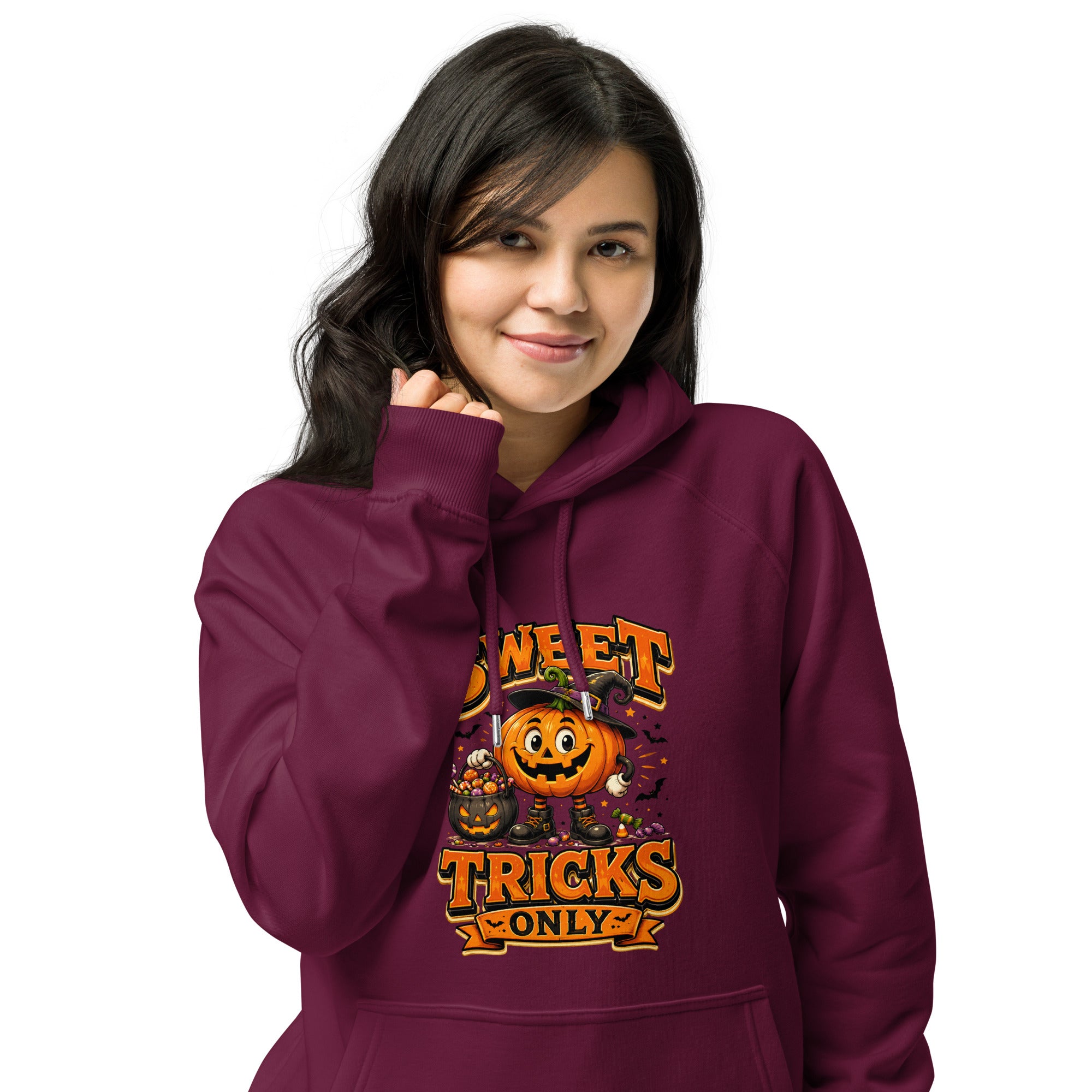 Vintage Halloween Pumpkin Horror & Mystery Unisex Eco Raglan Hoodie by printfluence.net