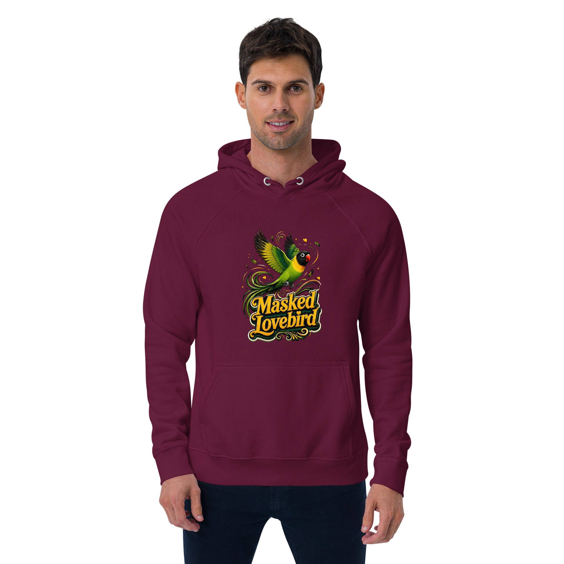 Unisex Eco Raglan Hoodie – Masked Lovebird Lovers Edition by printfluence.net