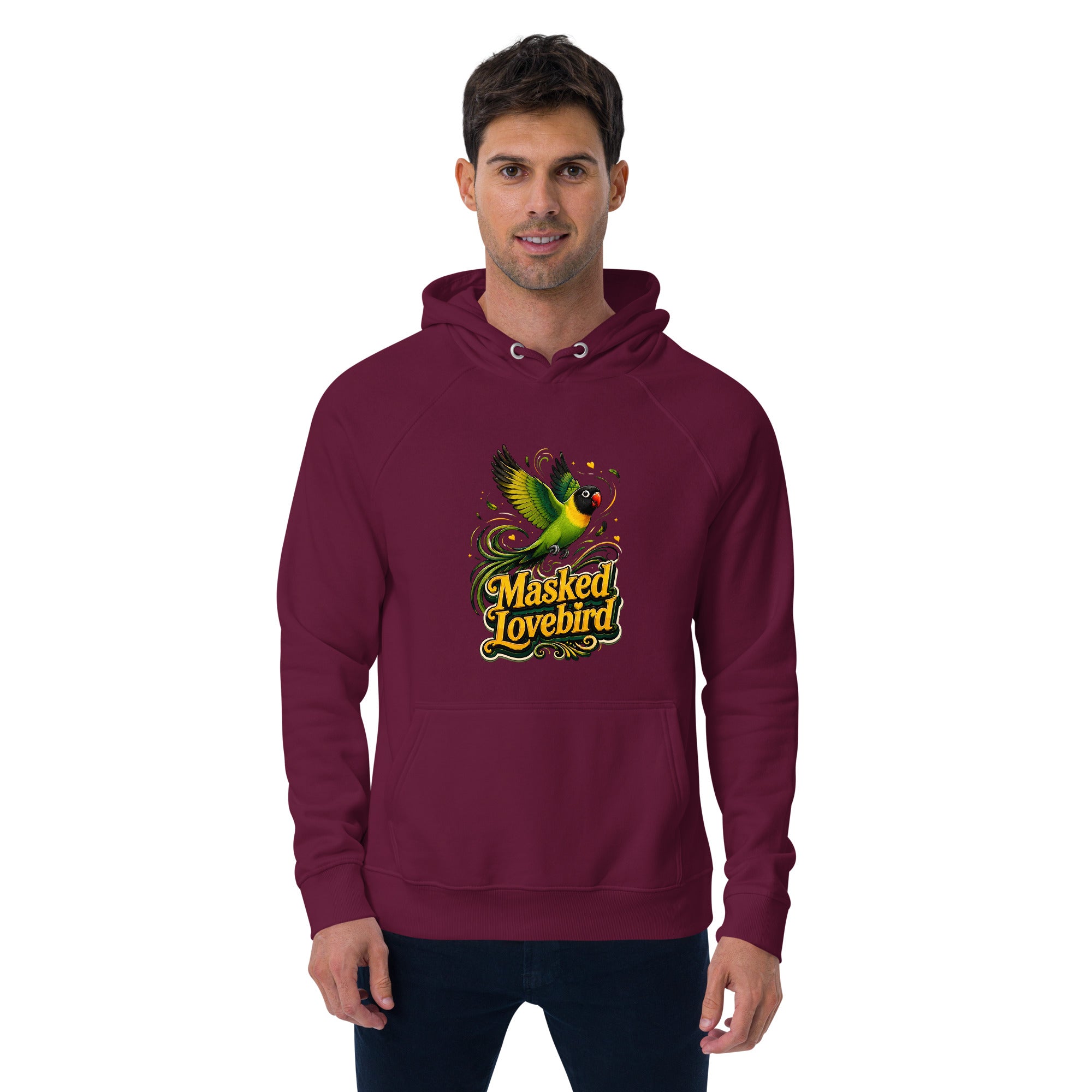 Unisex Eco Raglan Hoodie – Masked Lovebird Lovers Edition by printfluence.net