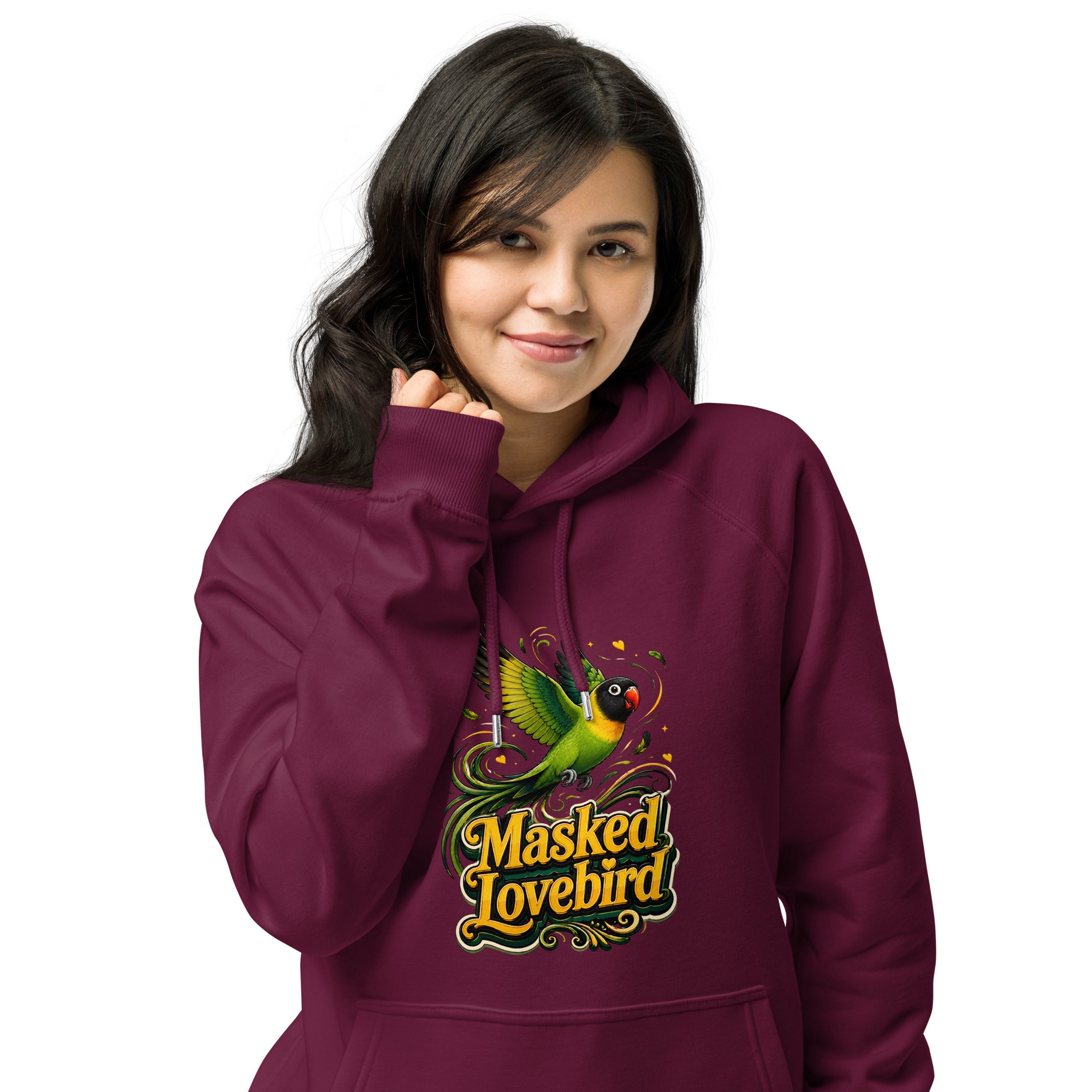 Unisex Eco Raglan Hoodie – Masked Lovebird Lovers Edition by printfluence.net