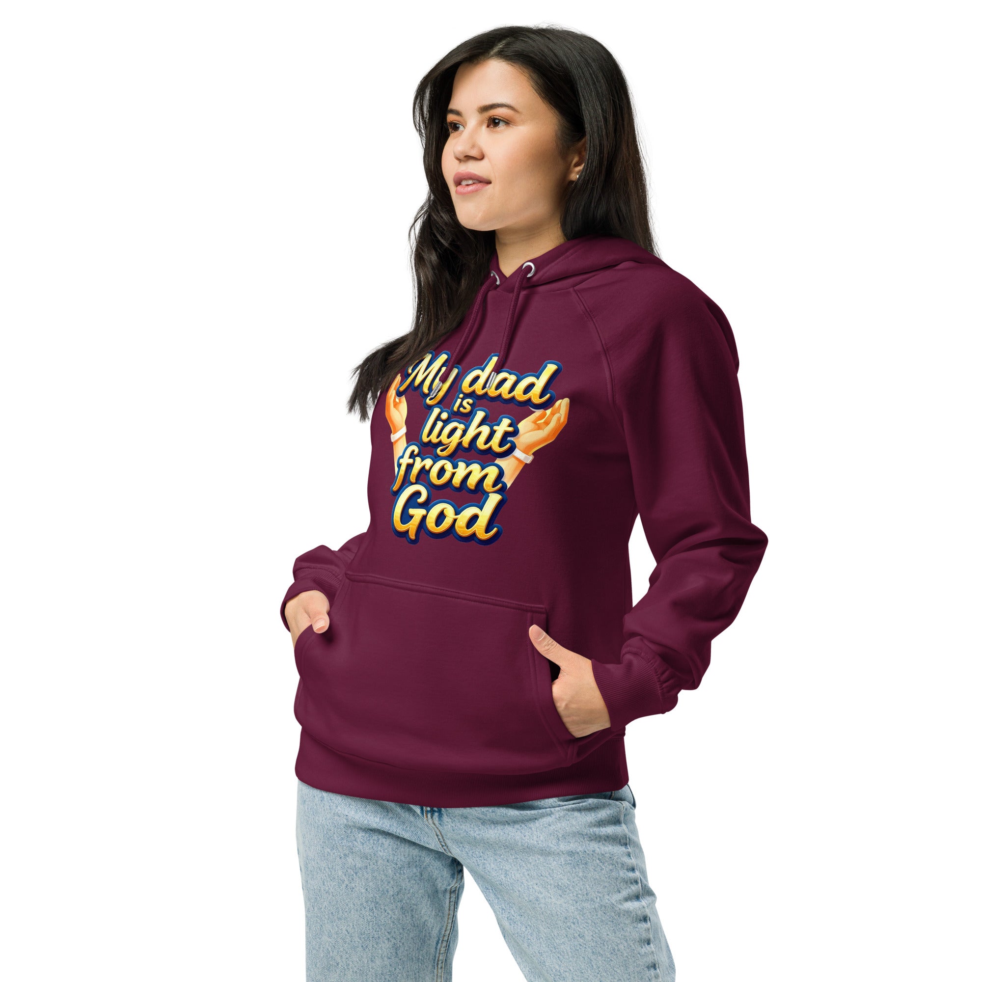 Unisex eco raglan hoodie - My Dad Is Light from God – Premium Eco Raglan Hoodie for Legacy Leaders by printfluence.net