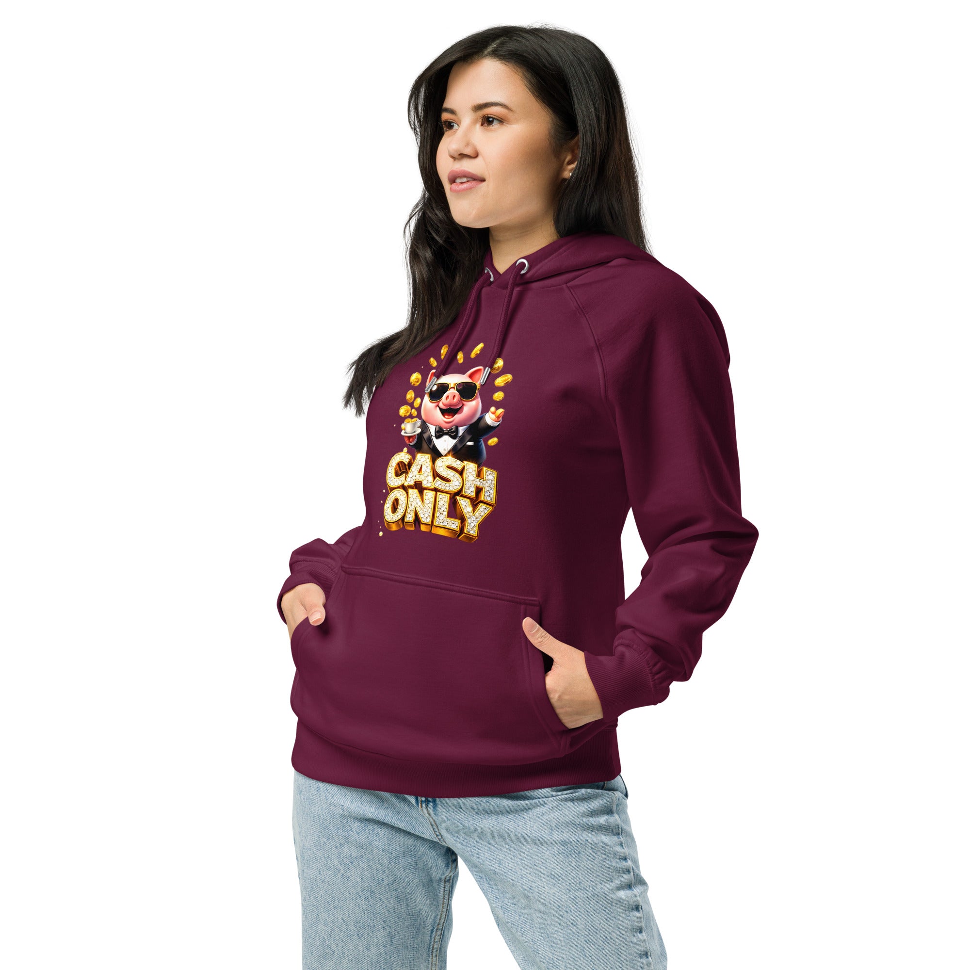 Unisex eco raglan hoodie - The Boss Pig: "CASH ONLY" Wealth & Hustle Unisex Eco Raglan Hoodie 🐷💸 by printfluence.net
