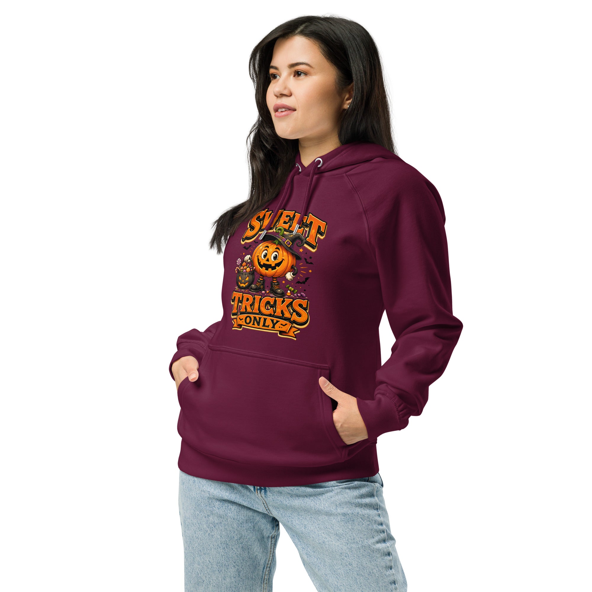 Vintage Halloween Pumpkin Horror & Mystery Unisex Eco Raglan Hoodie by printfluence.net