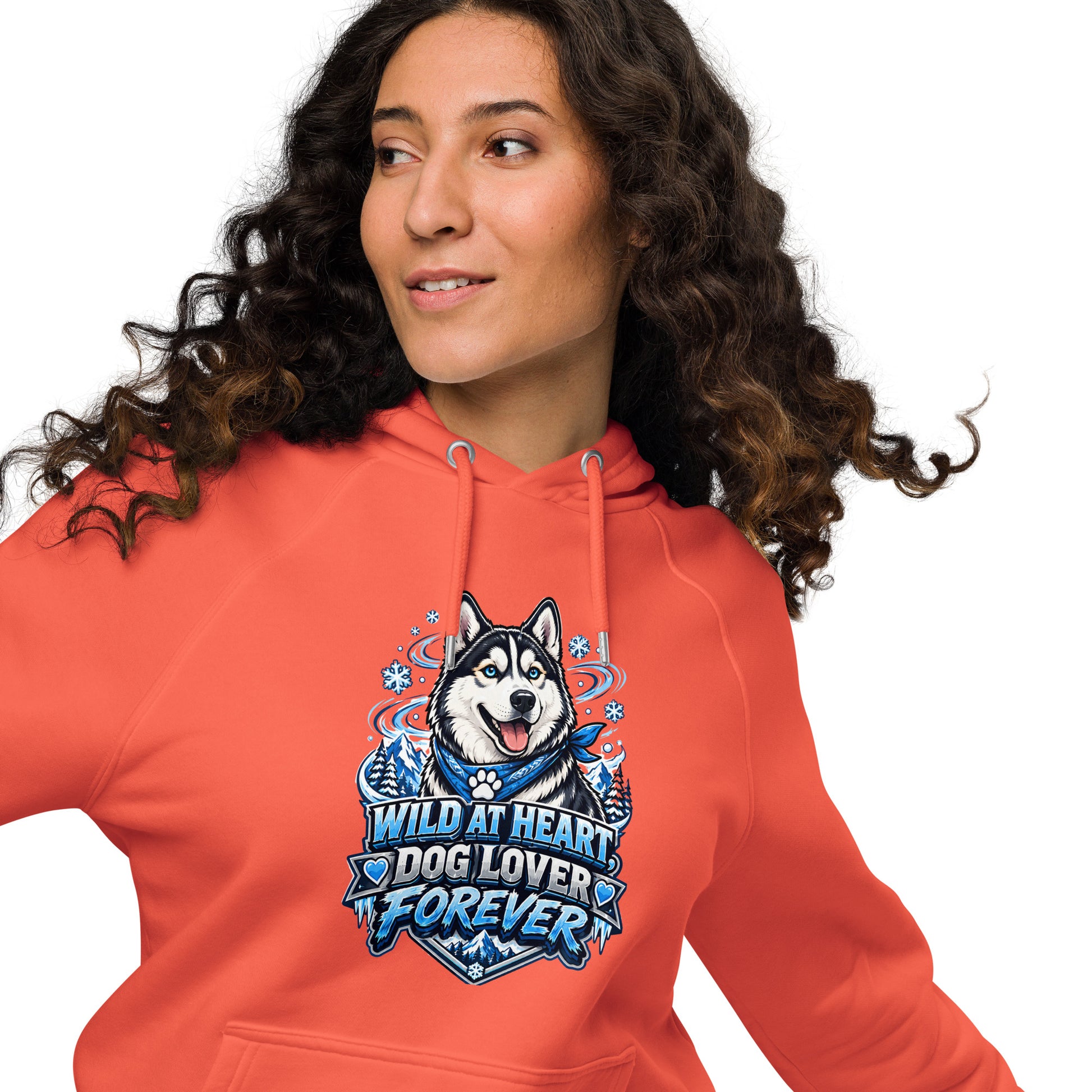 Wild at Heart Husky Blue Eyes Unisex Eco Raglan Hoodie - Sustainable Winter Graphic Pullover by printfluence.net