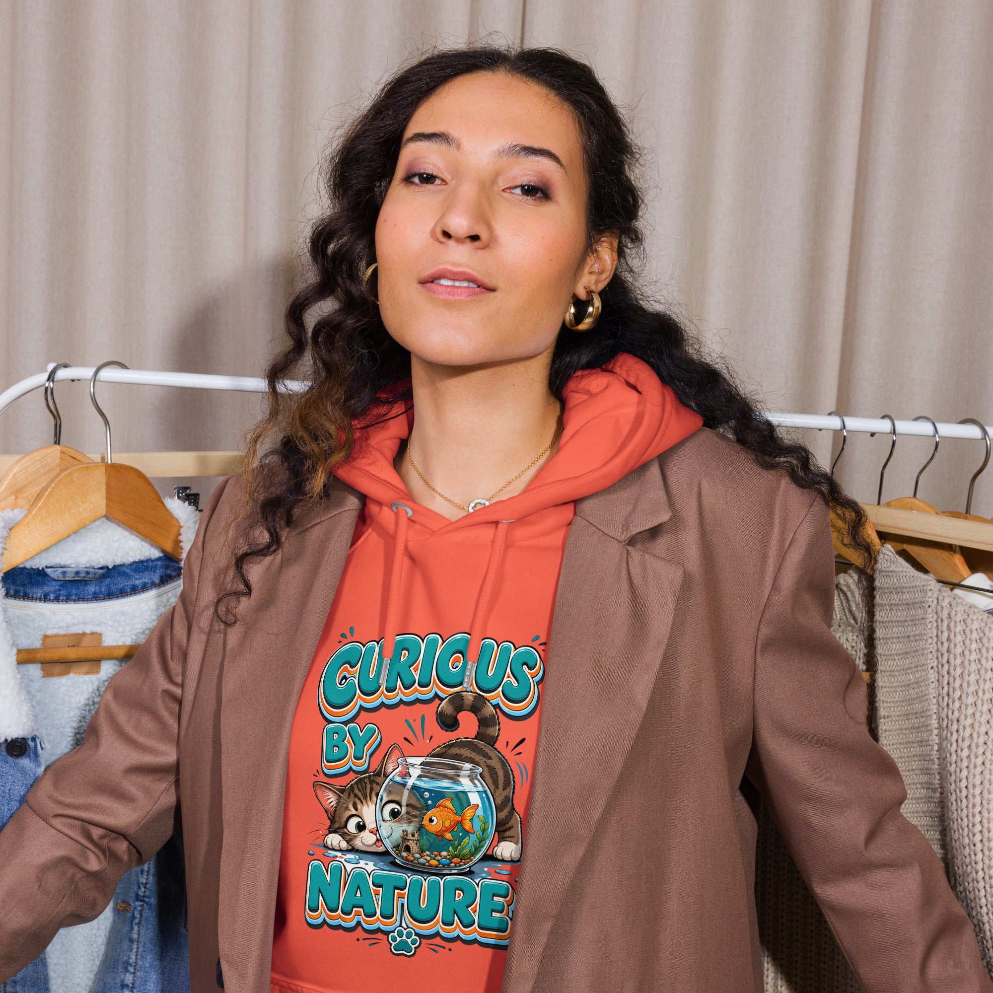 Elite Curious Cat - Premium Luxury Eco Raglan Hoodie for Cat Lovers by printfluence.net