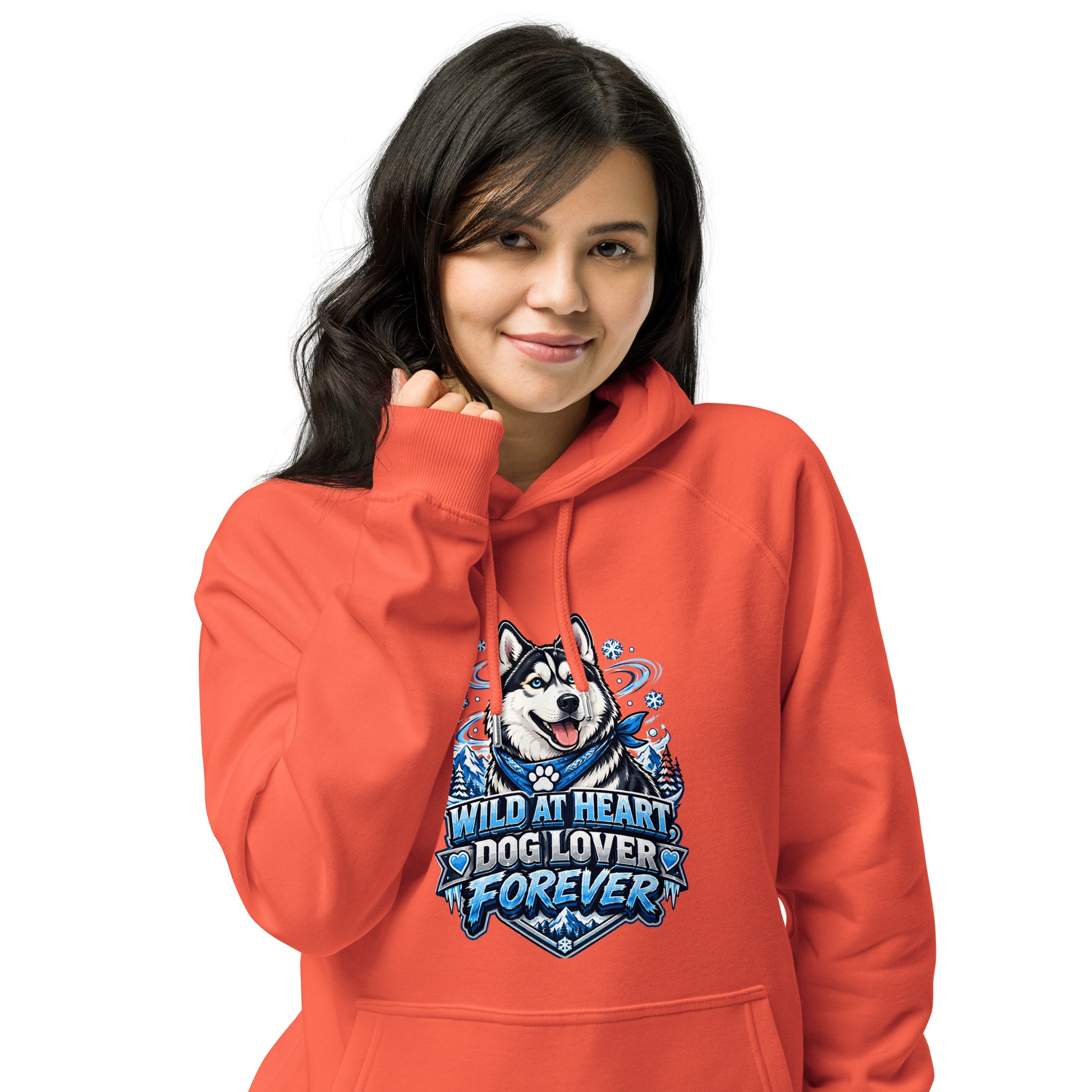 Wild at Heart Husky Blue Eyes Unisex Eco Raglan Hoodie - Sustainable Winter Graphic Pullover by printfluence.net