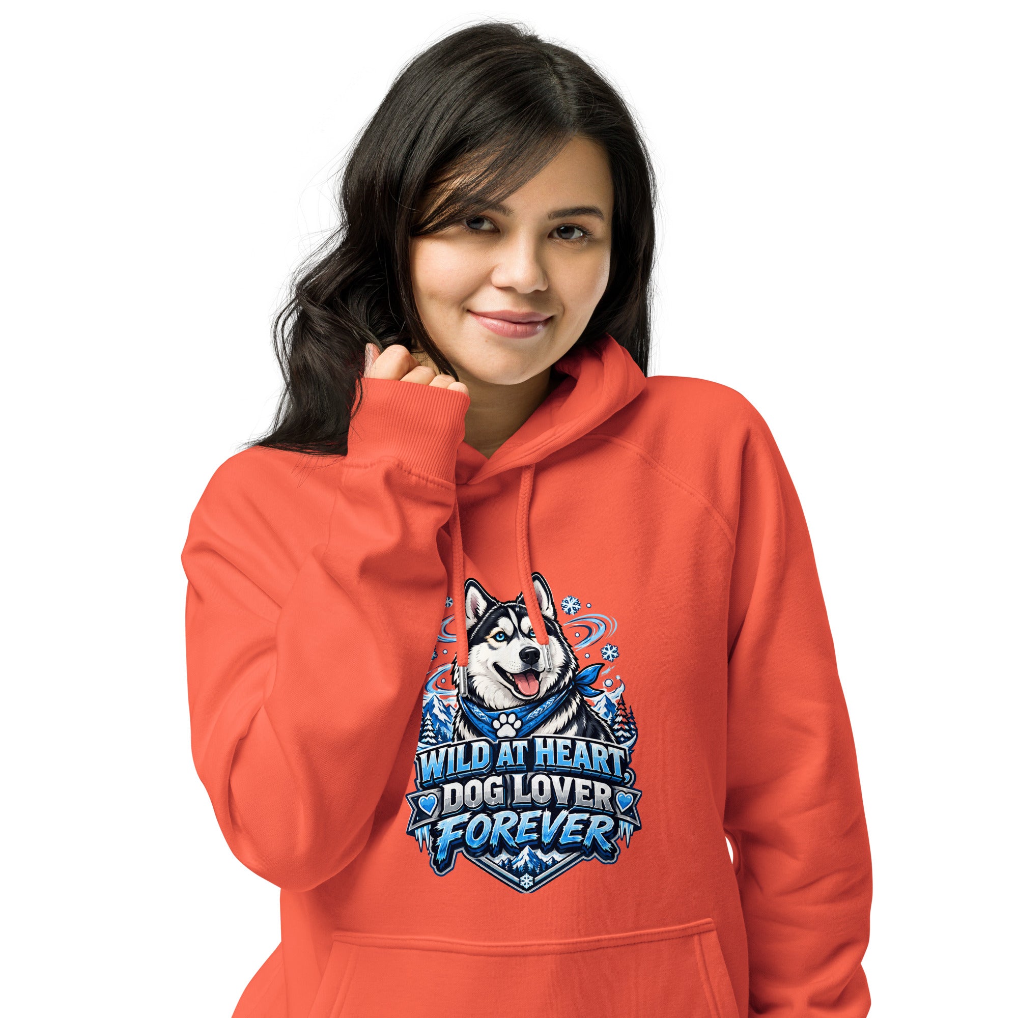 Wild at Heart Husky Blue Eyes Unisex Eco Raglan Hoodie - Sustainable Winter Graphic Pullover by printfluence.net