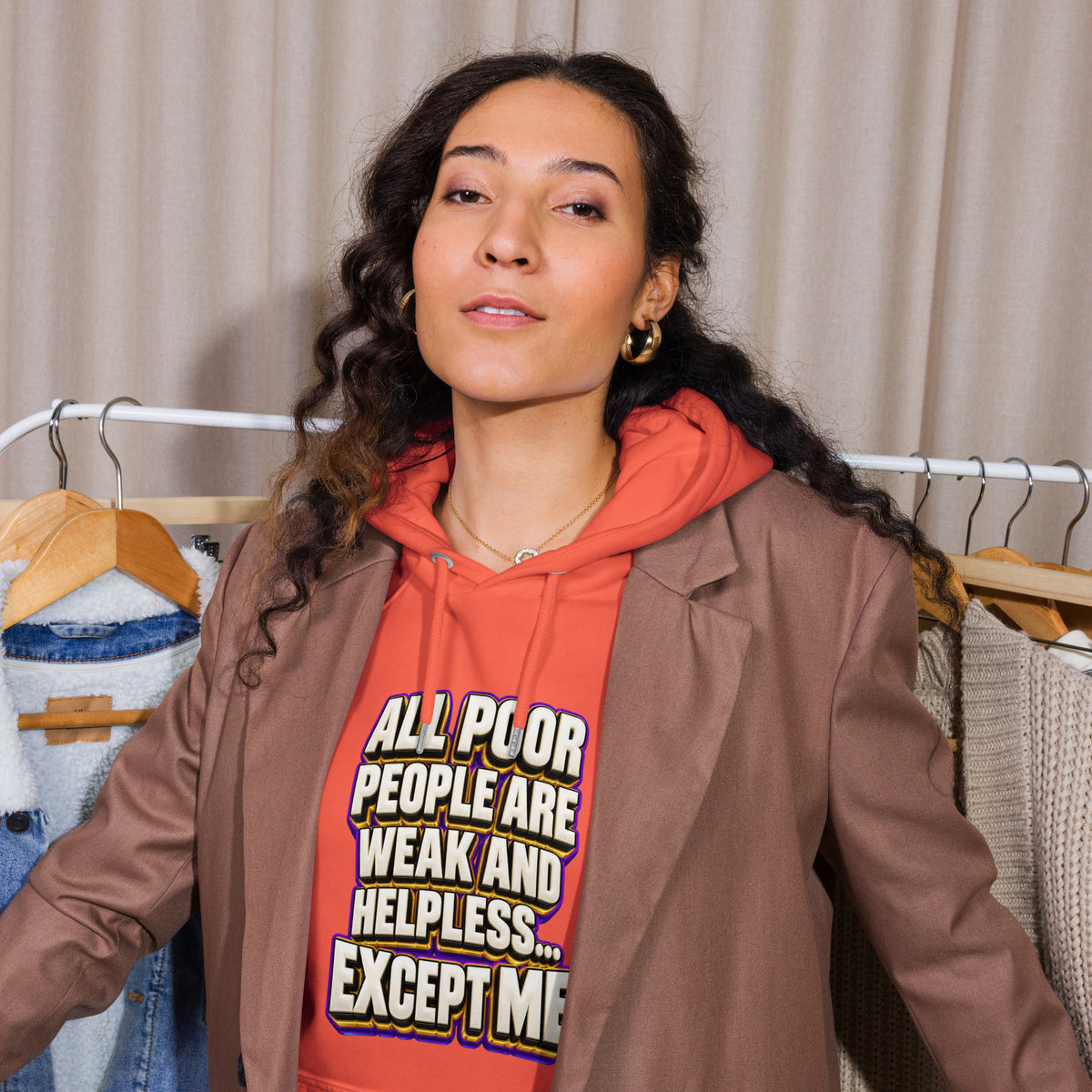 Sarcastic Humor Lovers | Unisex Eco Raglan Hoodie — ALL POOR PEOPLE ARE WEAK AND HELPLESS... EXCEPT ME by printfluence