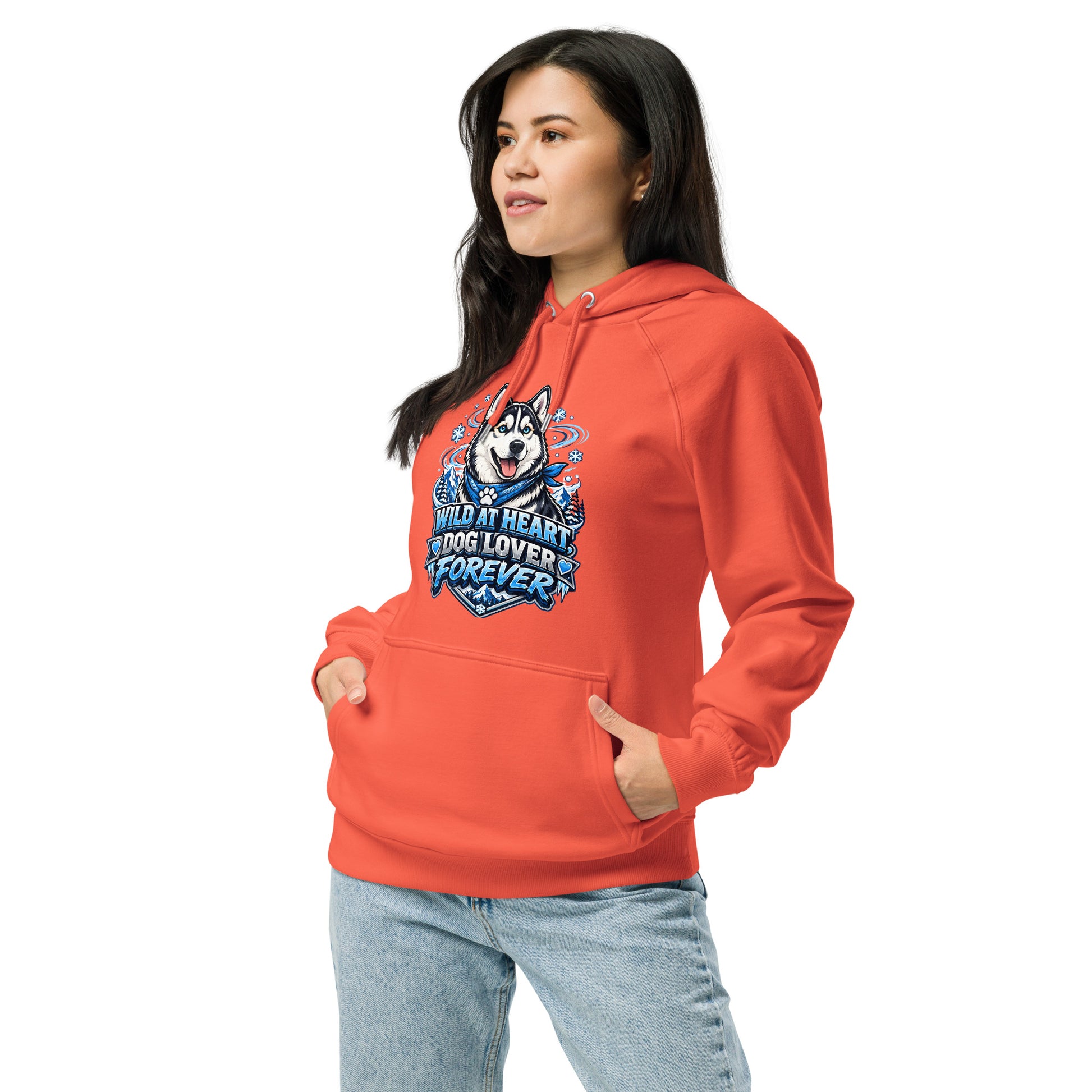 Wild at Heart Husky Blue Eyes Unisex Eco Raglan Hoodie - Sustainable Winter Graphic Pullover by printfluence.net