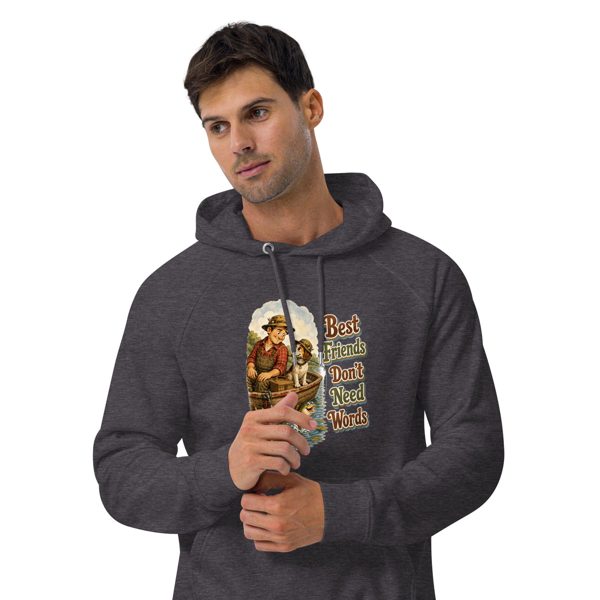 Fishing Lovers | Unisex Eco Raglan Hoodie — Best Friends Don't Need Words by printfluence