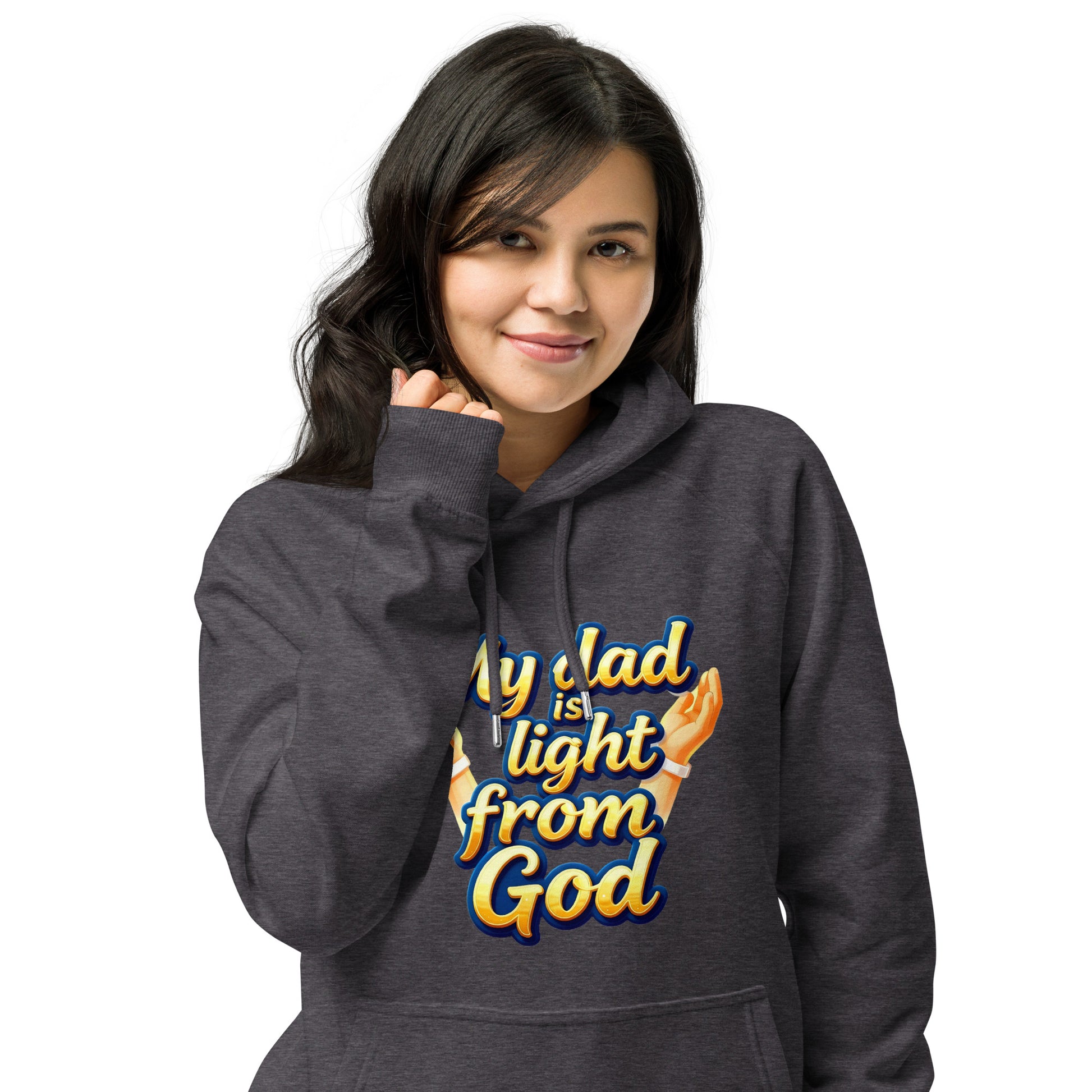Unisex eco raglan hoodie - My Dad Is Light from God – Premium Eco Raglan Hoodie for Legacy Leaders by printfluence.net