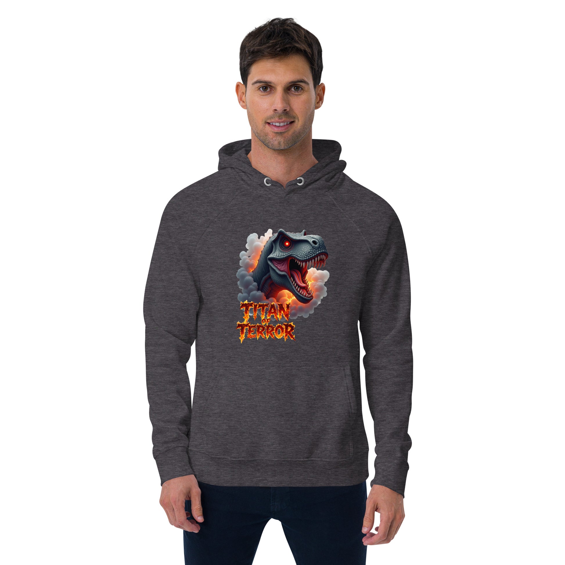 Unisex eco raglan hoodie - Titan of Terror Dino Eco Raglan Hoodie – Primal Power for Elite Dominators by printfluence.net