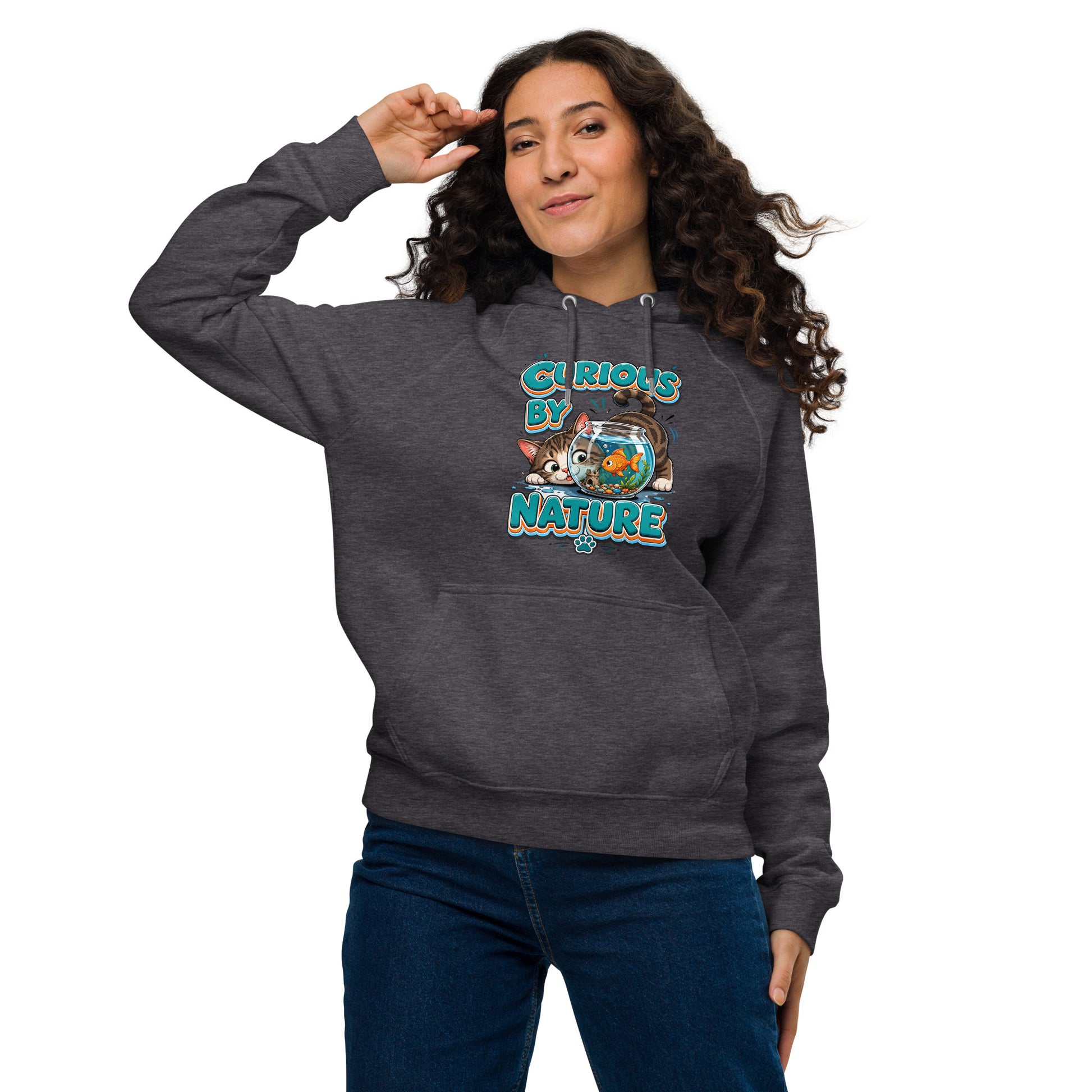 Elite Curious Cat - Premium Luxury Eco Raglan Hoodie for Cat Lovers by printfluence.net