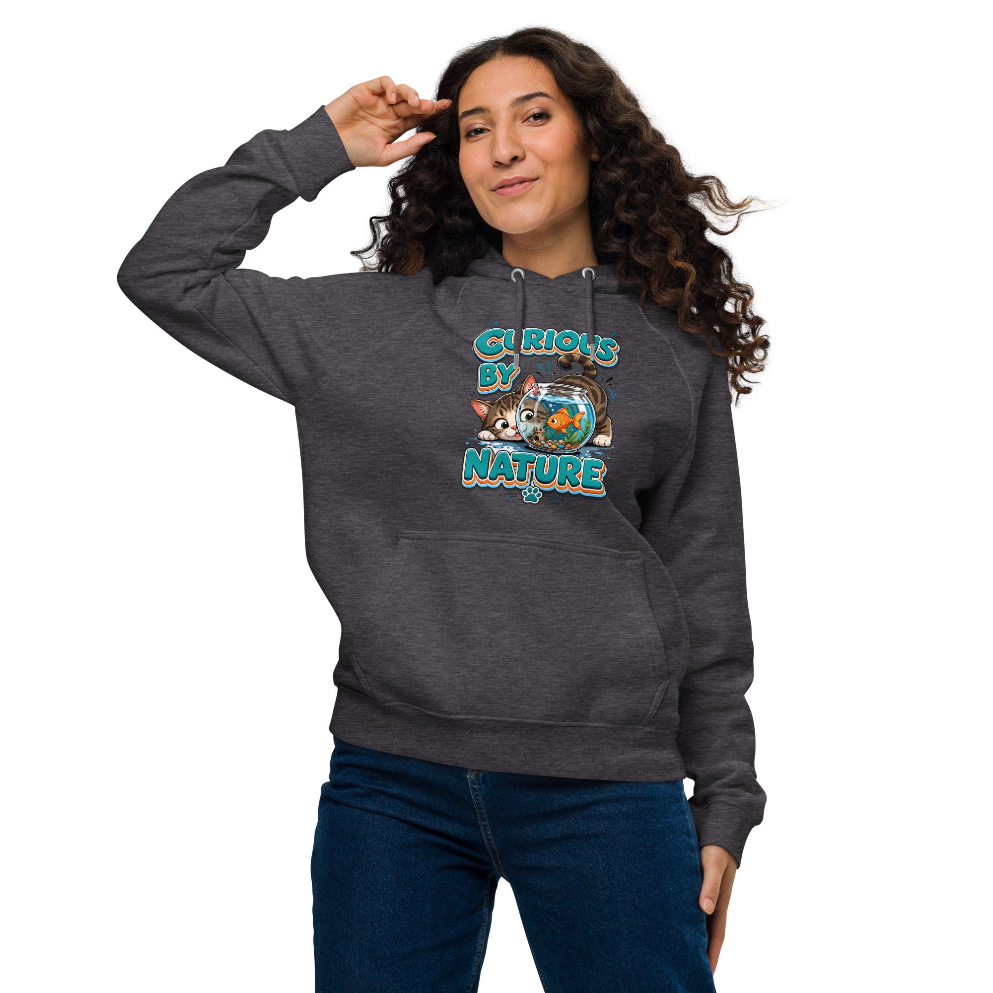 Elite Curious Cat - Premium Luxury Eco Raglan Hoodie for Cat Lovers by printfluence.net
