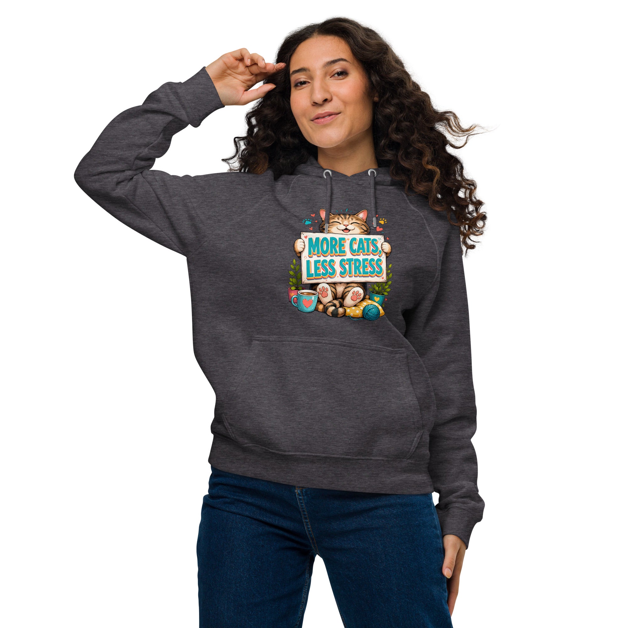 Elite More Cats Less Stress - Premium Luxury Eco Raglan Hoodie for Cat Lovers by printfluence.net