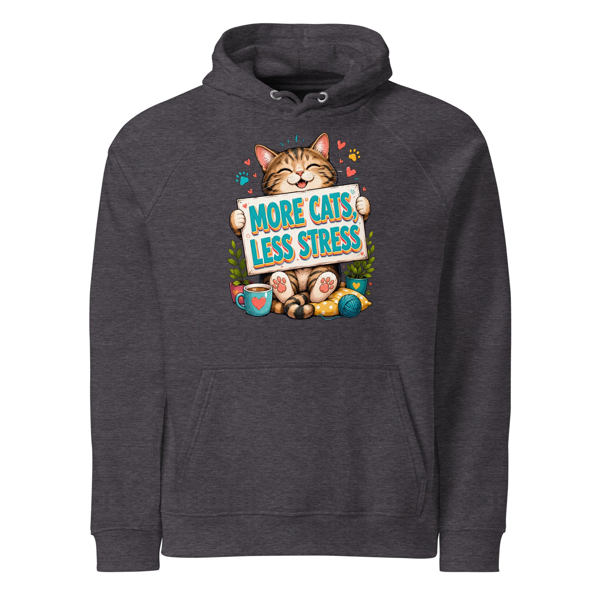 Elite More Cats Less Stress - Premium Luxury Eco Raglan Hoodie for Cat Lovers by printfluence.net