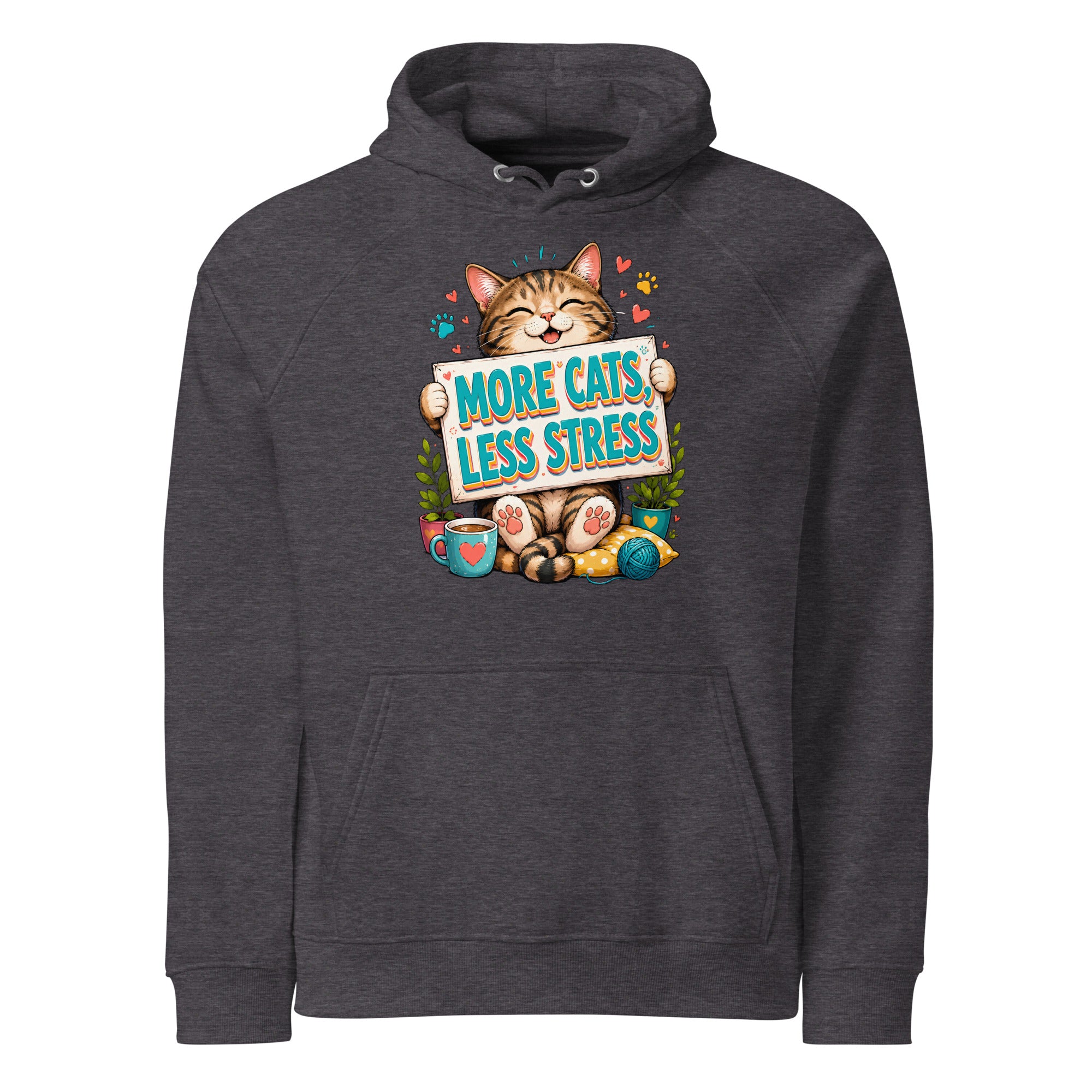 Elite More Cats Less Stress - Premium Luxury Eco Raglan Hoodie for Cat Lovers by printfluence.net
