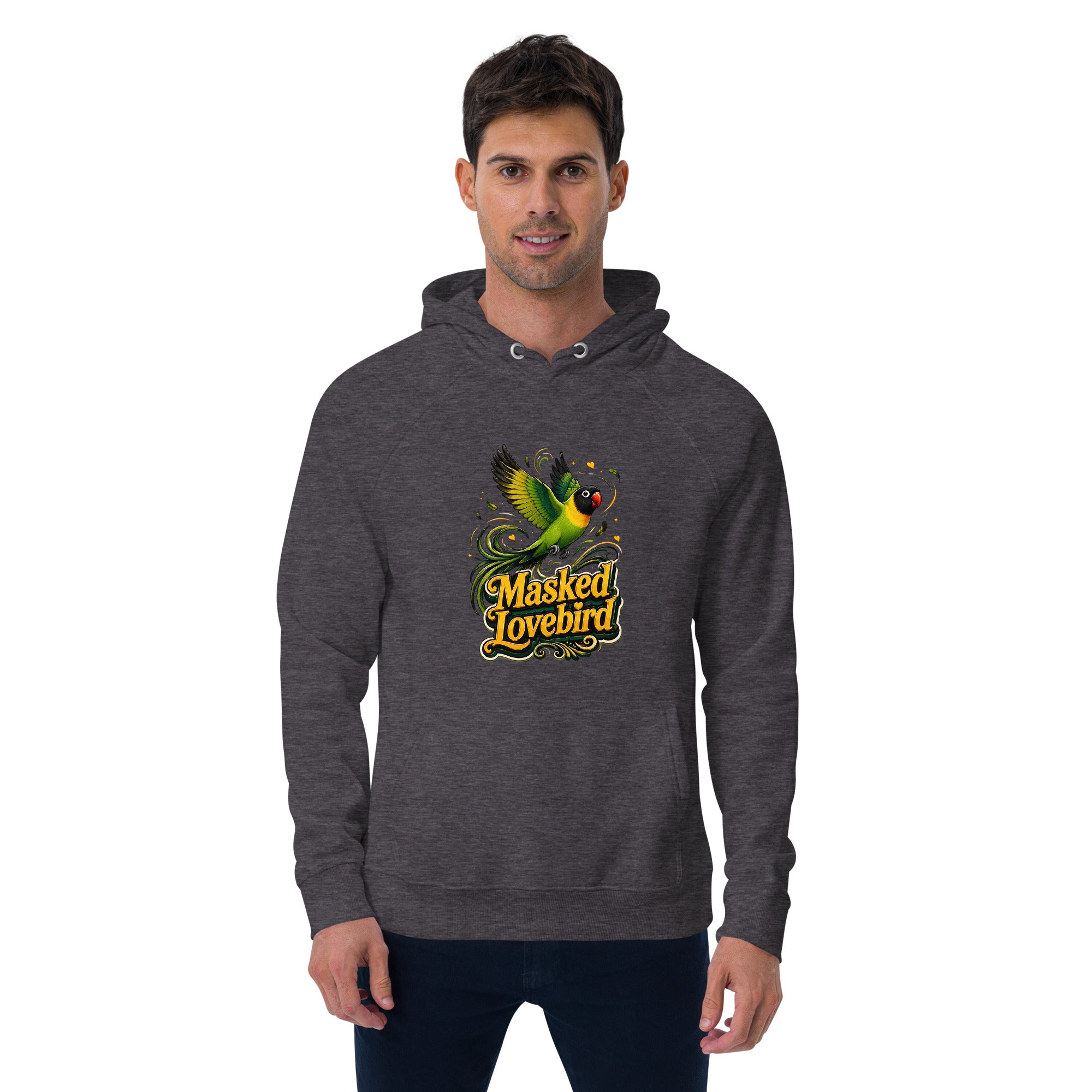 Unisex Eco Raglan Hoodie – Masked Lovebird Lovers Edition by printfluence.net