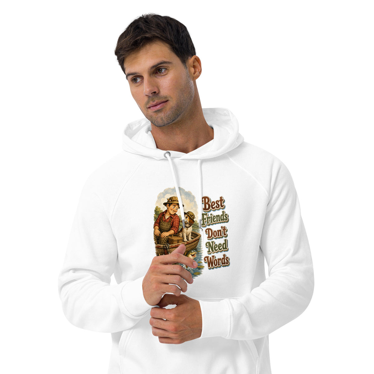 Fishing Lovers | Unisex Eco Raglan Hoodie — Best Friends Don't Need Words by printfluence