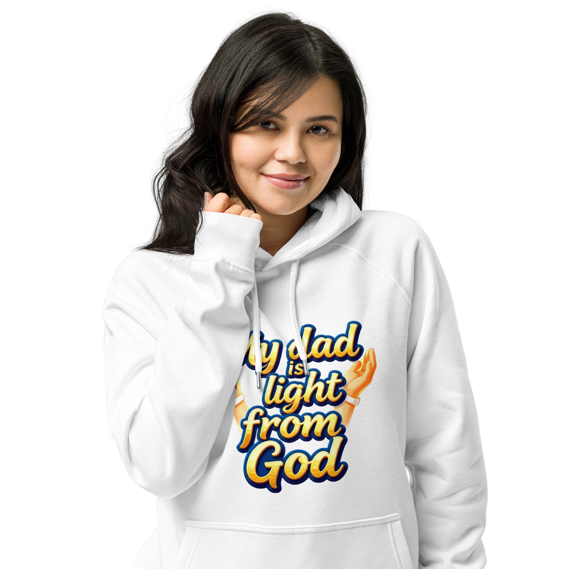 Unisex eco raglan hoodie - My Dad Is Light from God – Premium Eco Raglan Hoodie for Legacy Leaders by printfluence.net