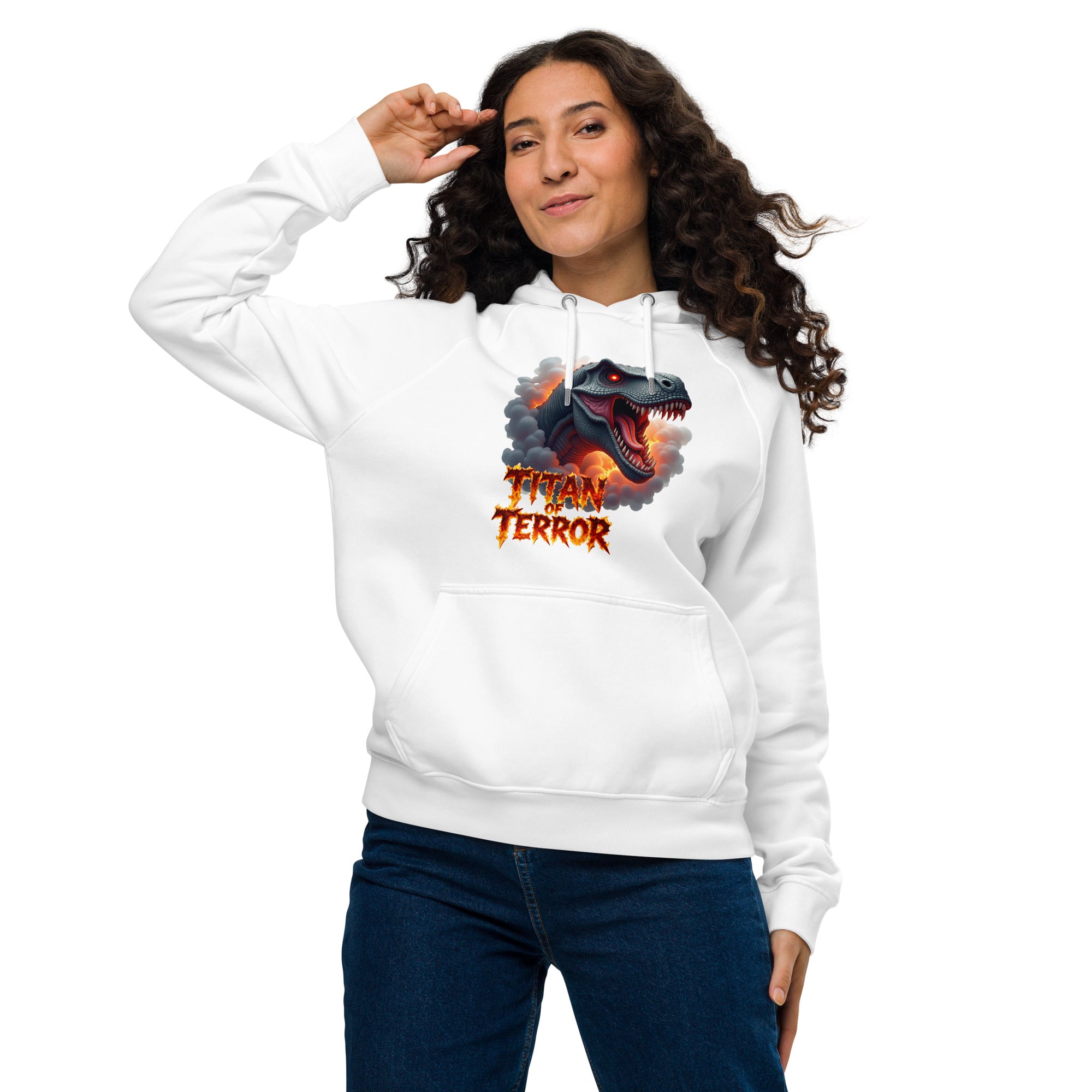 Unisex eco raglan hoodie - Titan of Terror Dino Eco Raglan Hoodie – Primal Power for Elite Dominators by printfluence.net
