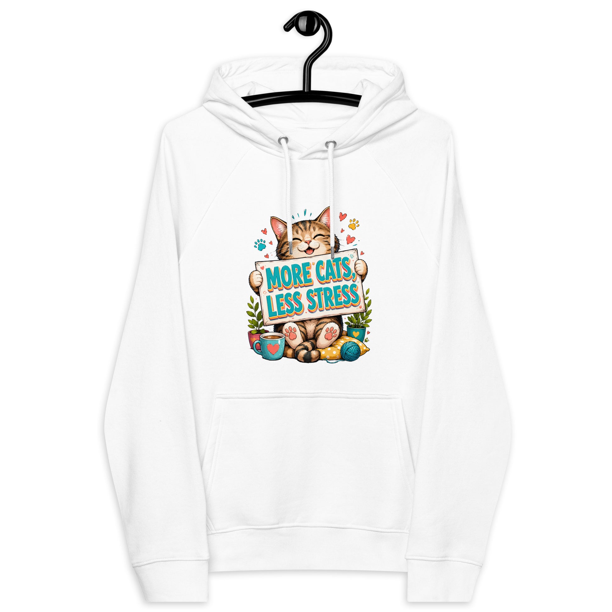 Elite More Cats Less Stress - Premium Luxury Eco Raglan Hoodie for Cat Lovers by printfluence.net