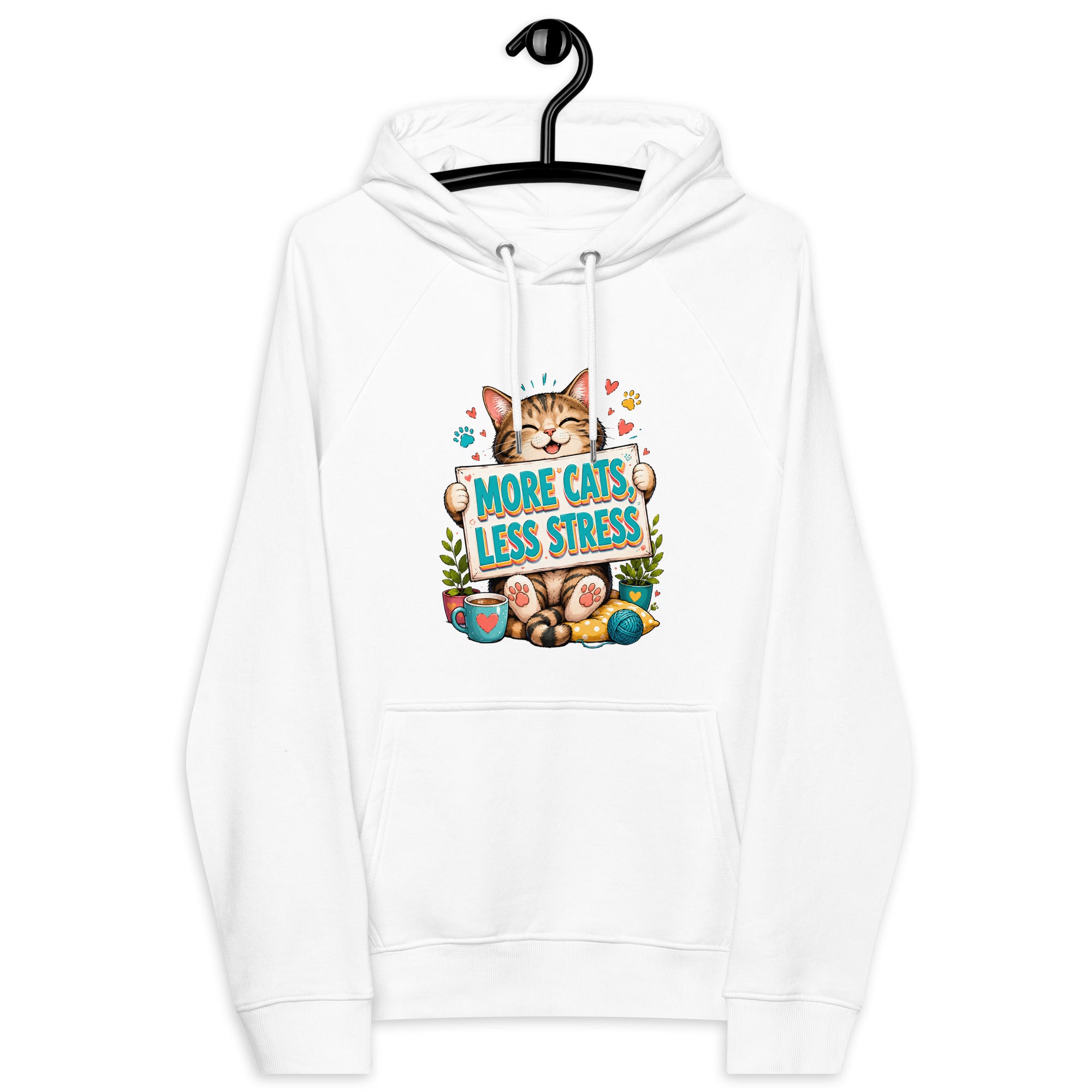 Elite More Cats Less Stress - Premium Luxury Eco Raglan Hoodie for Cat Lovers by printfluence.net