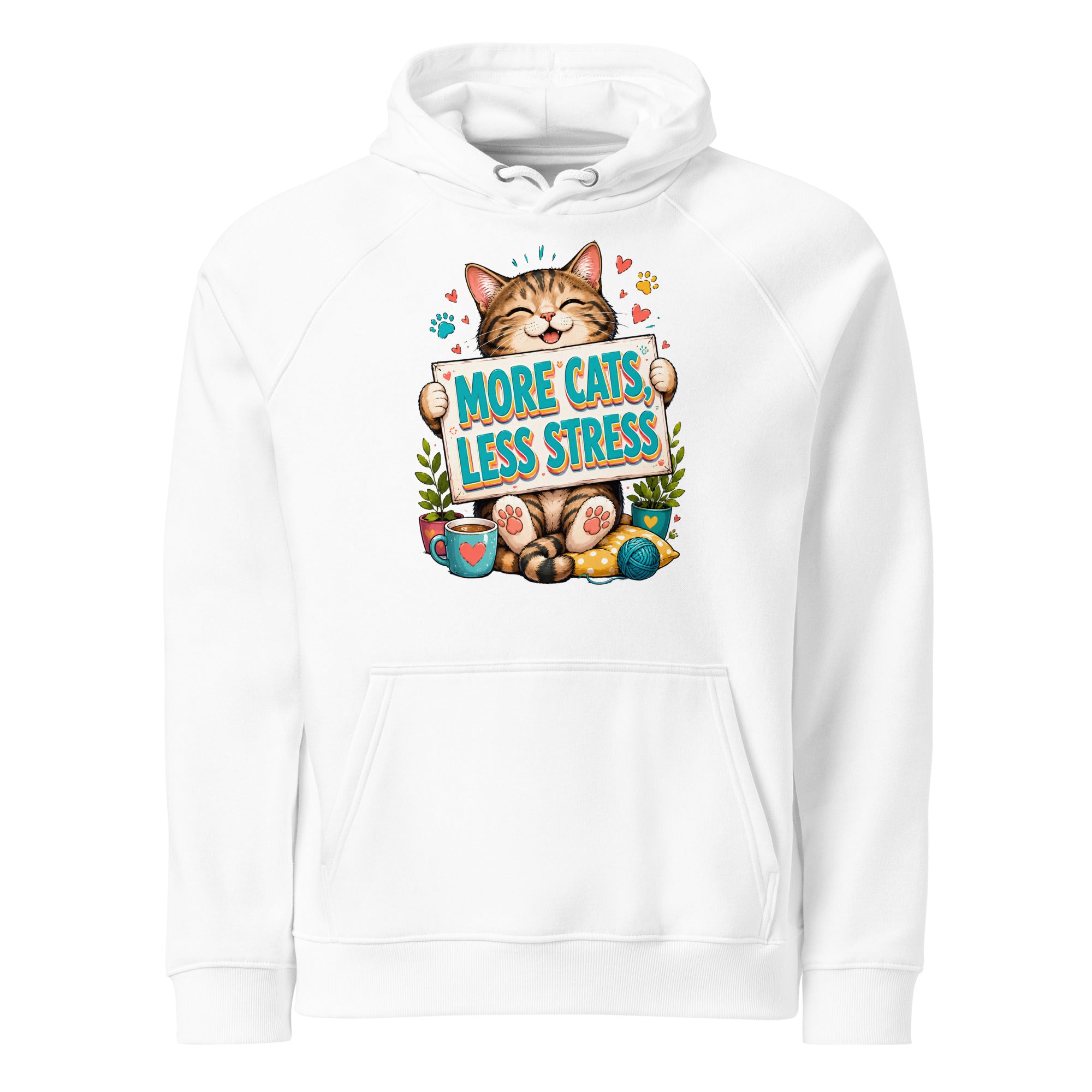 Elite More Cats Less Stress - Premium Luxury Eco Raglan Hoodie for Cat Lovers by printfluence.net