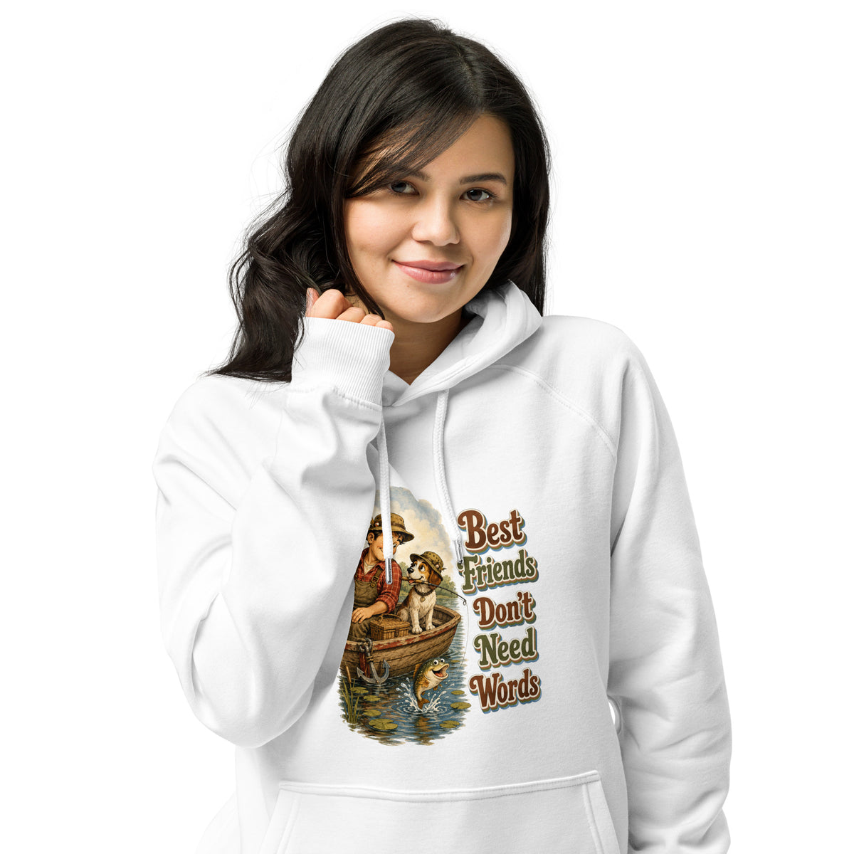 Fishing Lovers | Unisex Eco Raglan Hoodie — Best Friends Don't Need Words by printfluence