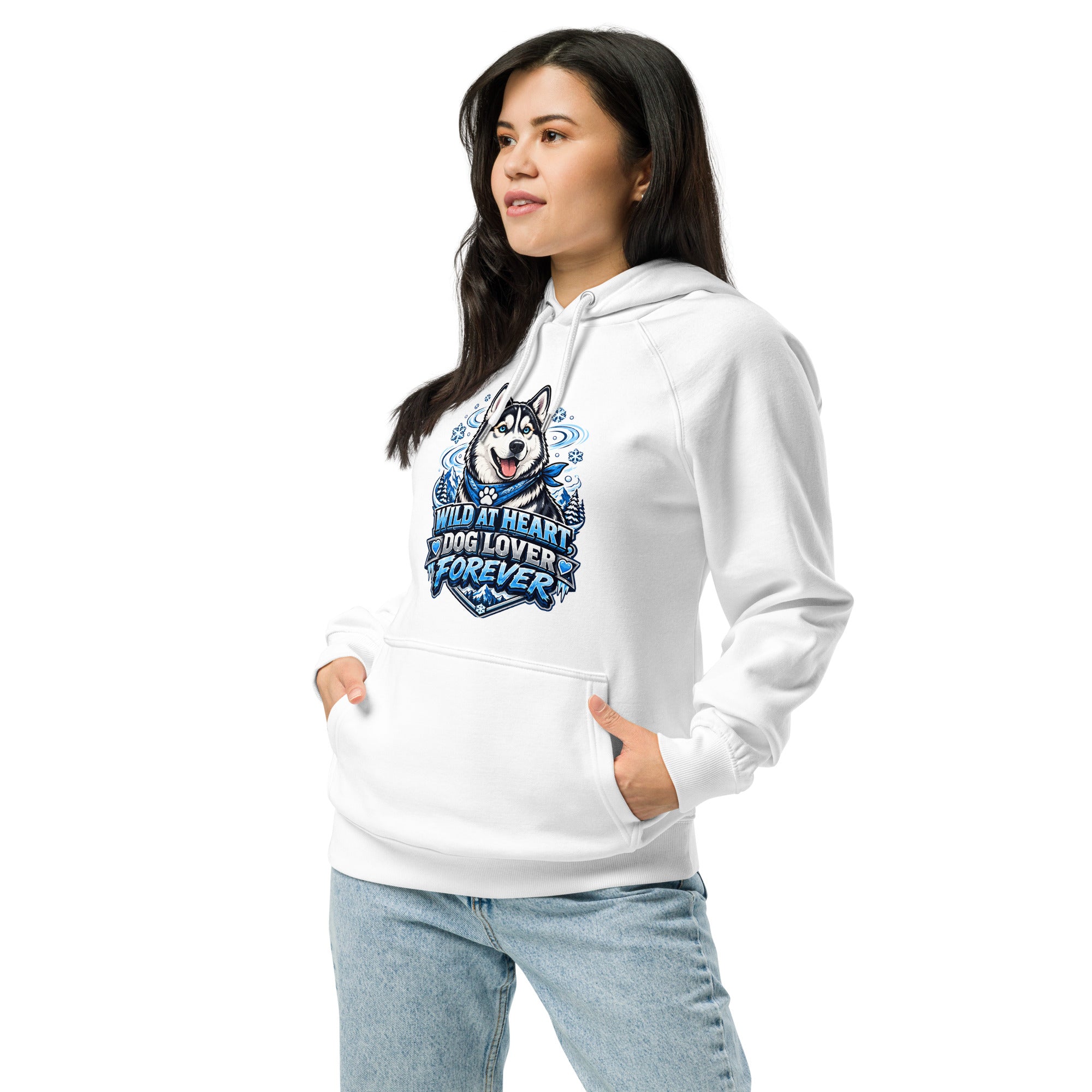 Wild at Heart Husky Blue Eyes Unisex Eco Raglan Hoodie - Sustainable Winter Graphic Pullover by printfluence.net