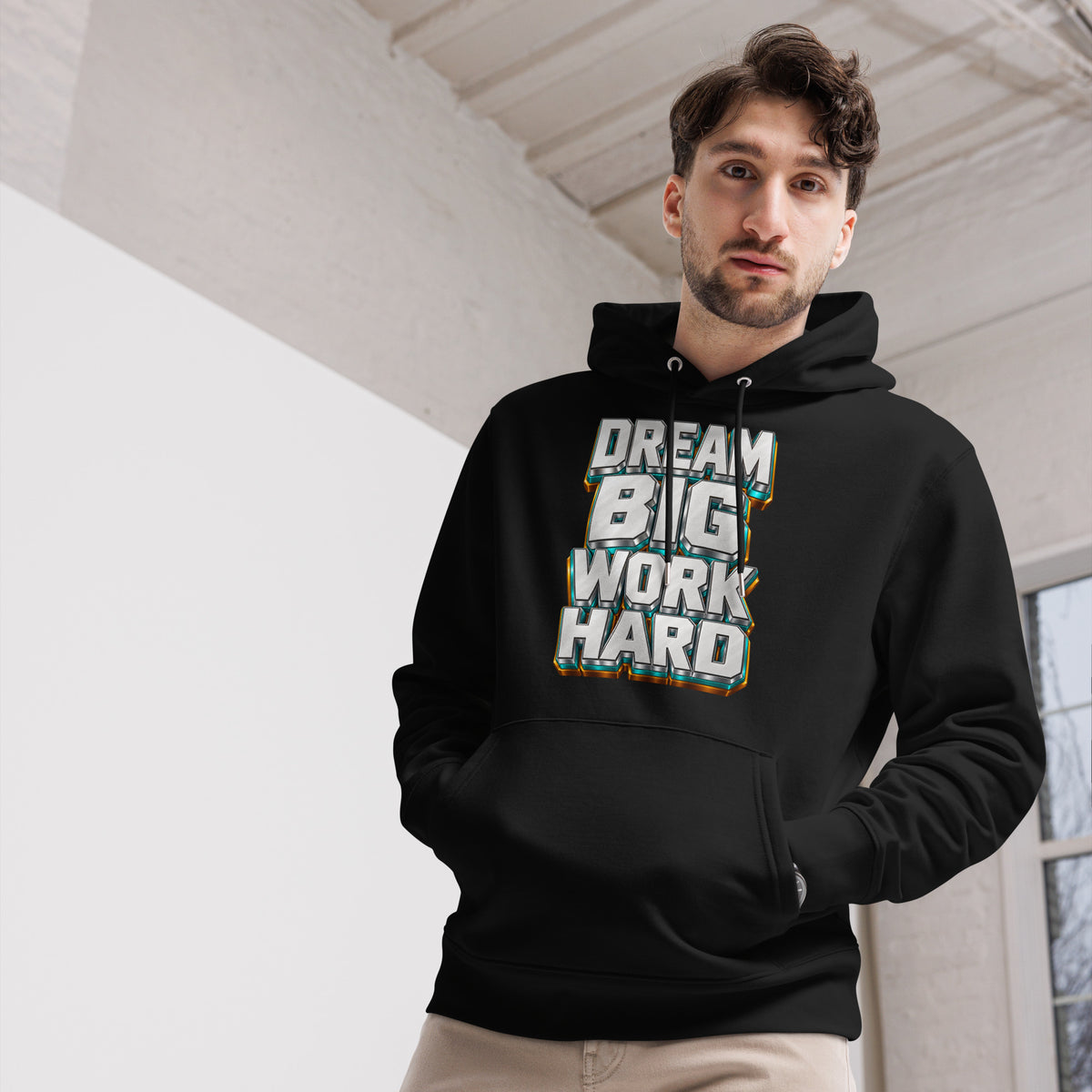 Inspirational Quotes Lovers | Unisex Essential Eco Cruiser 2.0 Hoodie — DREAM BIG WORK HARD by printfluence