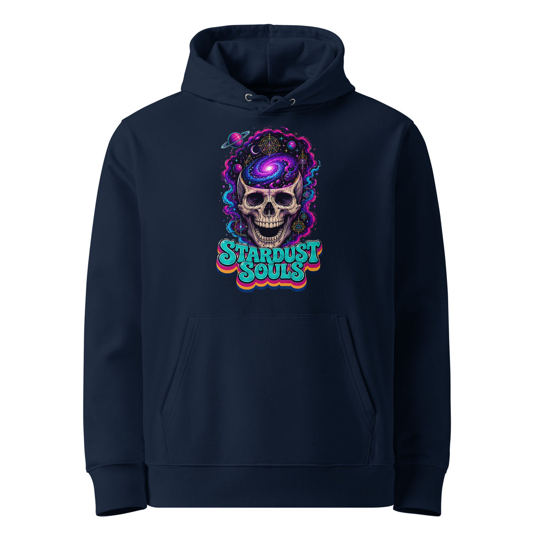 Horror and Mystery Lovers Unisex Essential Eco Hoodie — "Stardust Souls" Cosmic Skull Design by printfluence.net