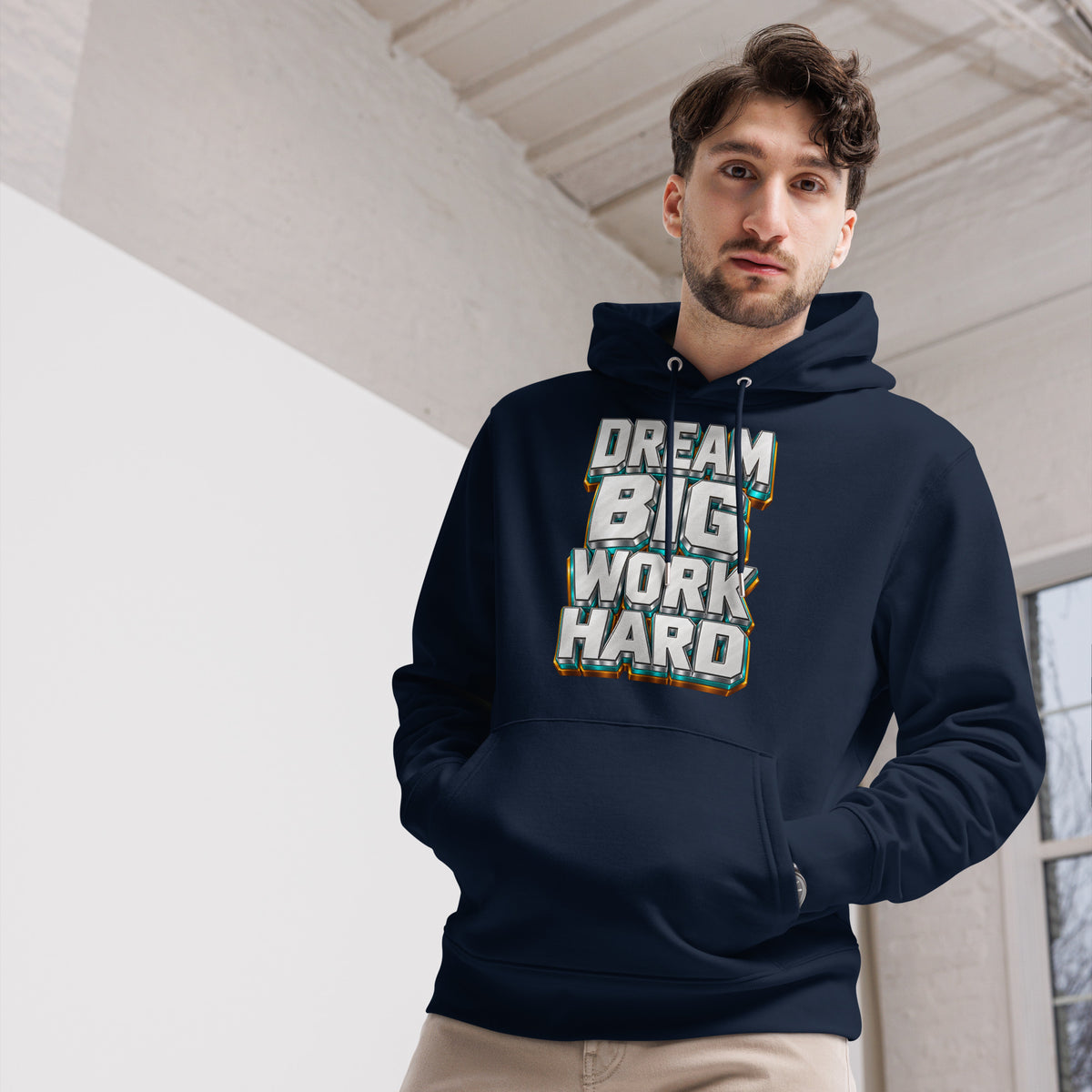 Inspirational Quotes Lovers | Unisex Essential Eco Cruiser 2.0 Hoodie — DREAM BIG WORK HARD by printfluence