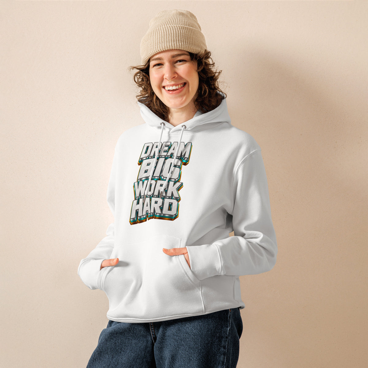 Inspirational Quotes Lovers | Unisex Essential Eco Cruiser 2.0 Hoodie — DREAM BIG WORK HARD by printfluence