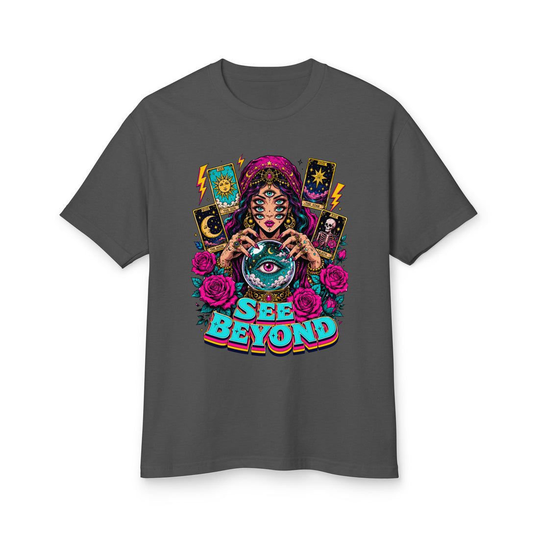 Tarot & Occult Lovers Garment-Dyed Heavyweight Cotton Tee with Multi-Eyed Fortune Teller and "See Beyond" Design by printfluence.net