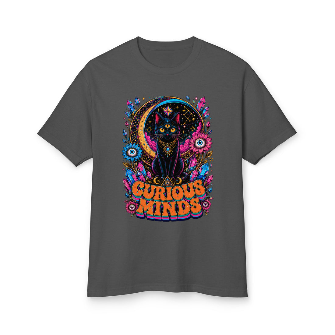 Horror and Mystery Lovers Unisex Garment-Dyed Heavyweight Cotton Tee — "Curious Minds" Mystical Three-Eyed Cat Design by printfluence.net
