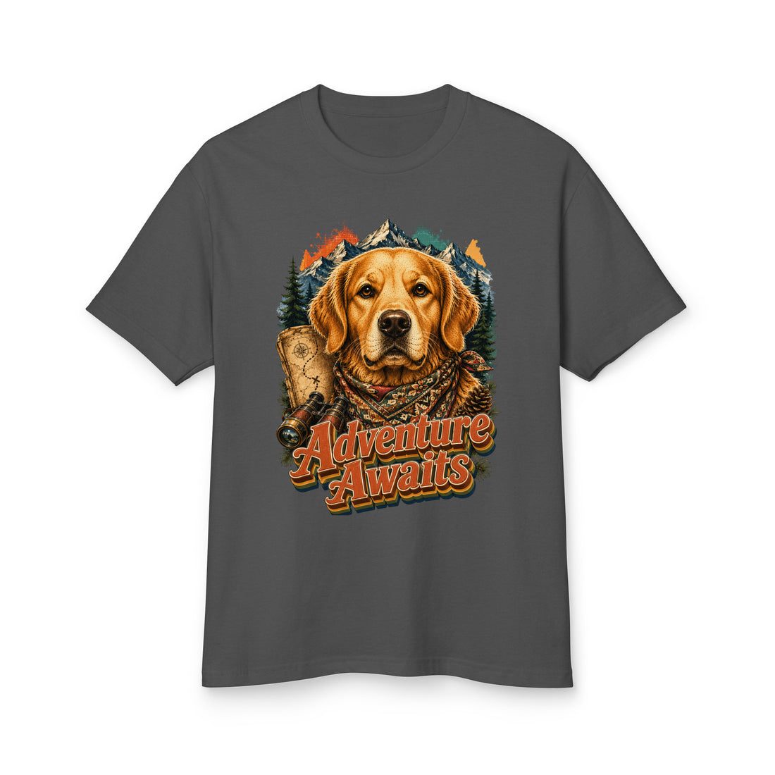 Golden Retriever Lovers Garment-Dyed Cotton Tee — "Adventure Awaits" Explorer Dog, Mountains, and Map Design by printfluence.net