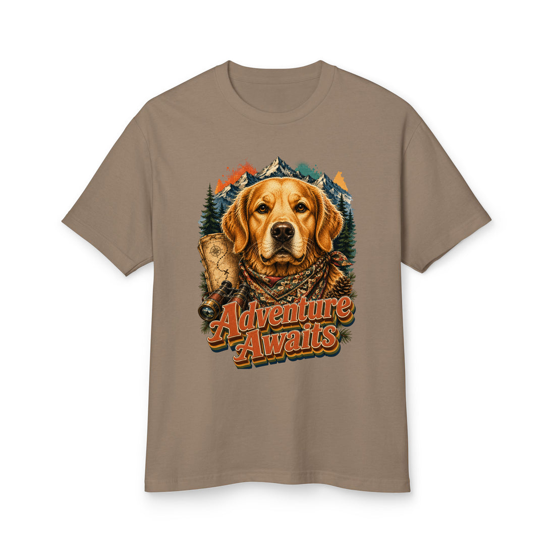 Golden Retriever Lovers Garment-Dyed Cotton Tee — "Adventure Awaits" Explorer Dog, Mountains, and Map Design by printfluence.net
