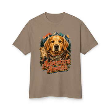 Golden Retriever Lovers Garment-Dyed Cotton Tee — "Adventure Awaits" Explorer Dog, Mountains, and Map Design by printfluence.net