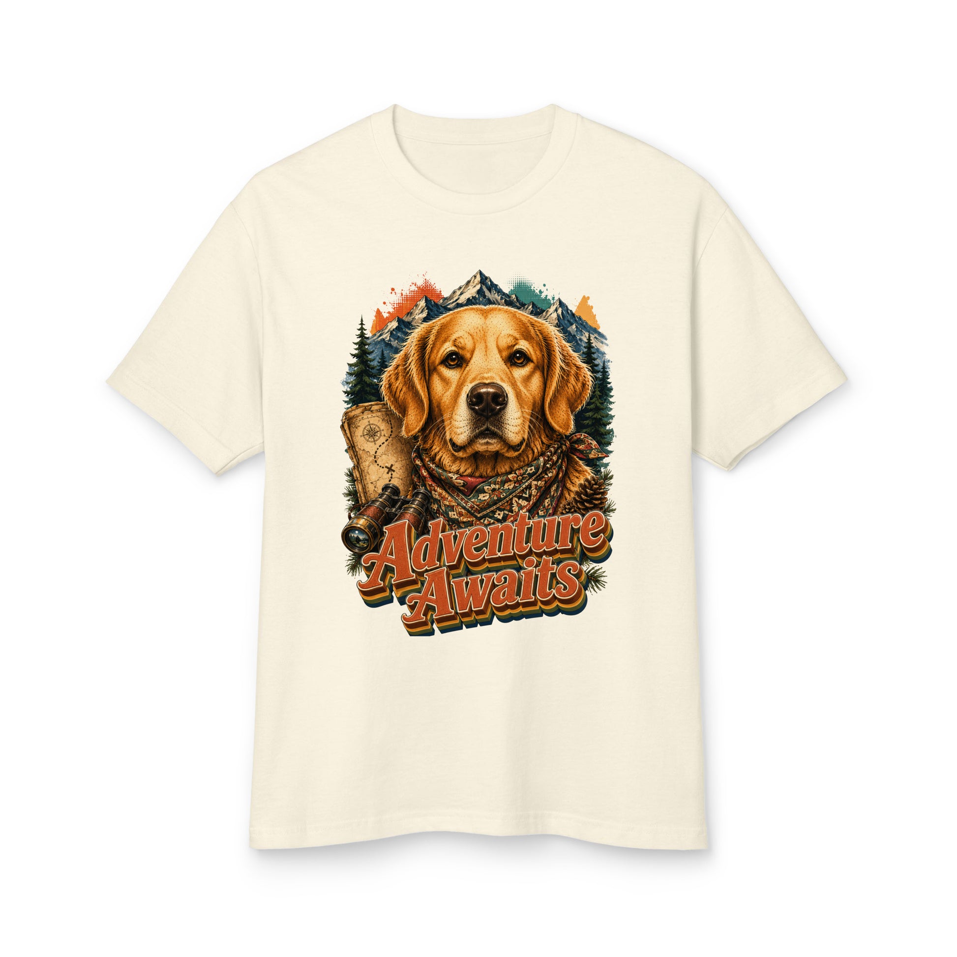 Golden Retriever Lovers Garment-Dyed Cotton Tee — "Adventure Awaits" Explorer Dog, Mountains, and Map Design by printfluence.net