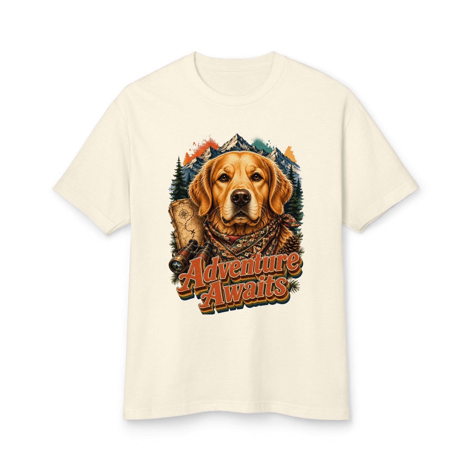 Golden Retriever Lovers Garment-Dyed Cotton Tee — "Adventure Awaits" Explorer Dog, Mountains, and Map Design by printfluence.net