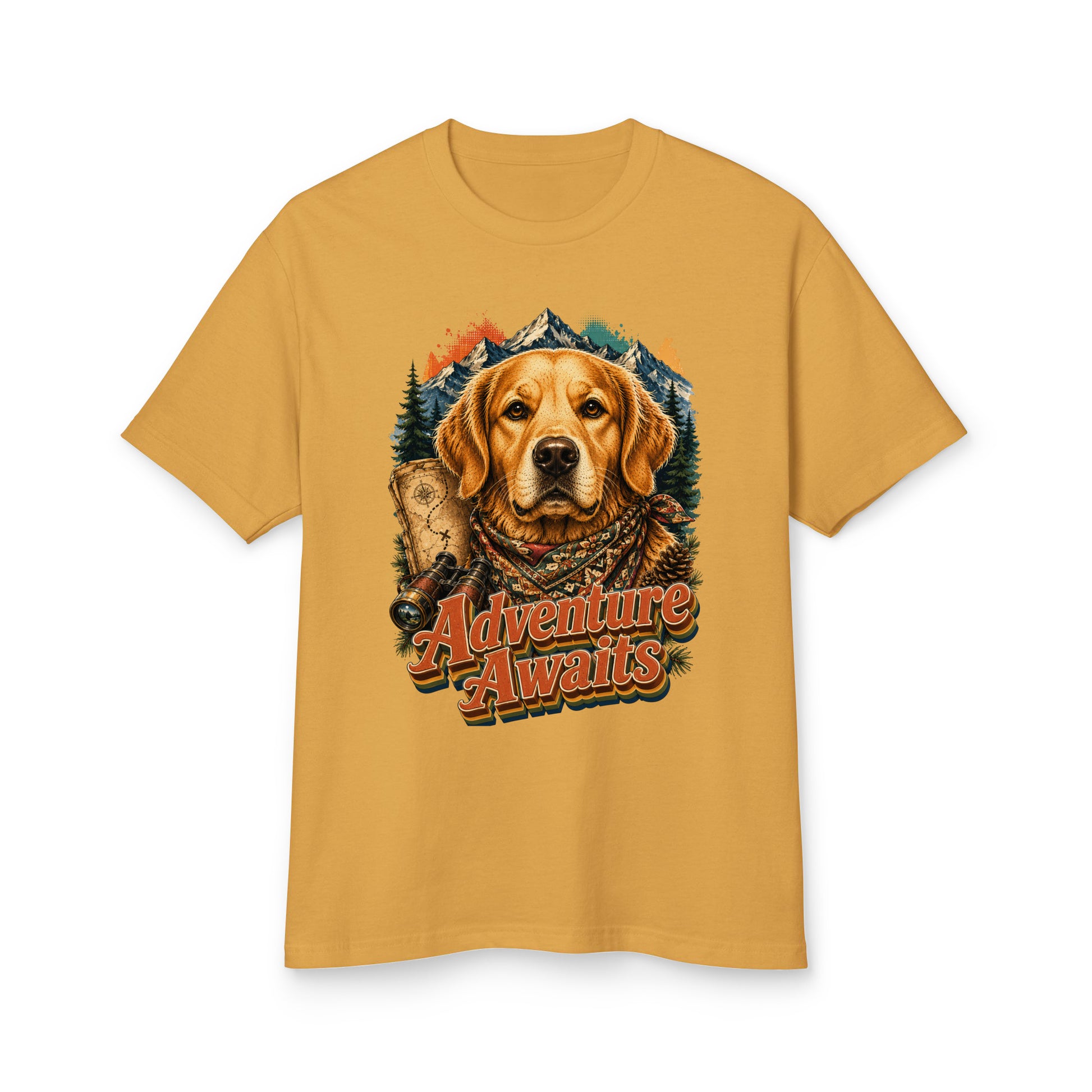 Golden Retriever Lovers Garment-Dyed Cotton Tee — "Adventure Awaits" Explorer Dog, Mountains, and Map Design by printfluence.net
