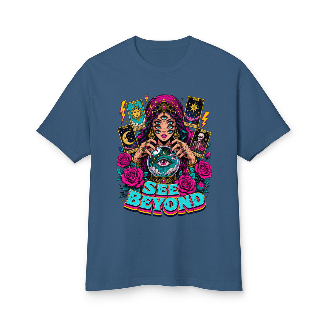 Tarot & Occult Lovers Garment-Dyed Heavyweight Cotton Tee with Multi-Eyed Fortune Teller and "See Beyond" Design by printfluence.net