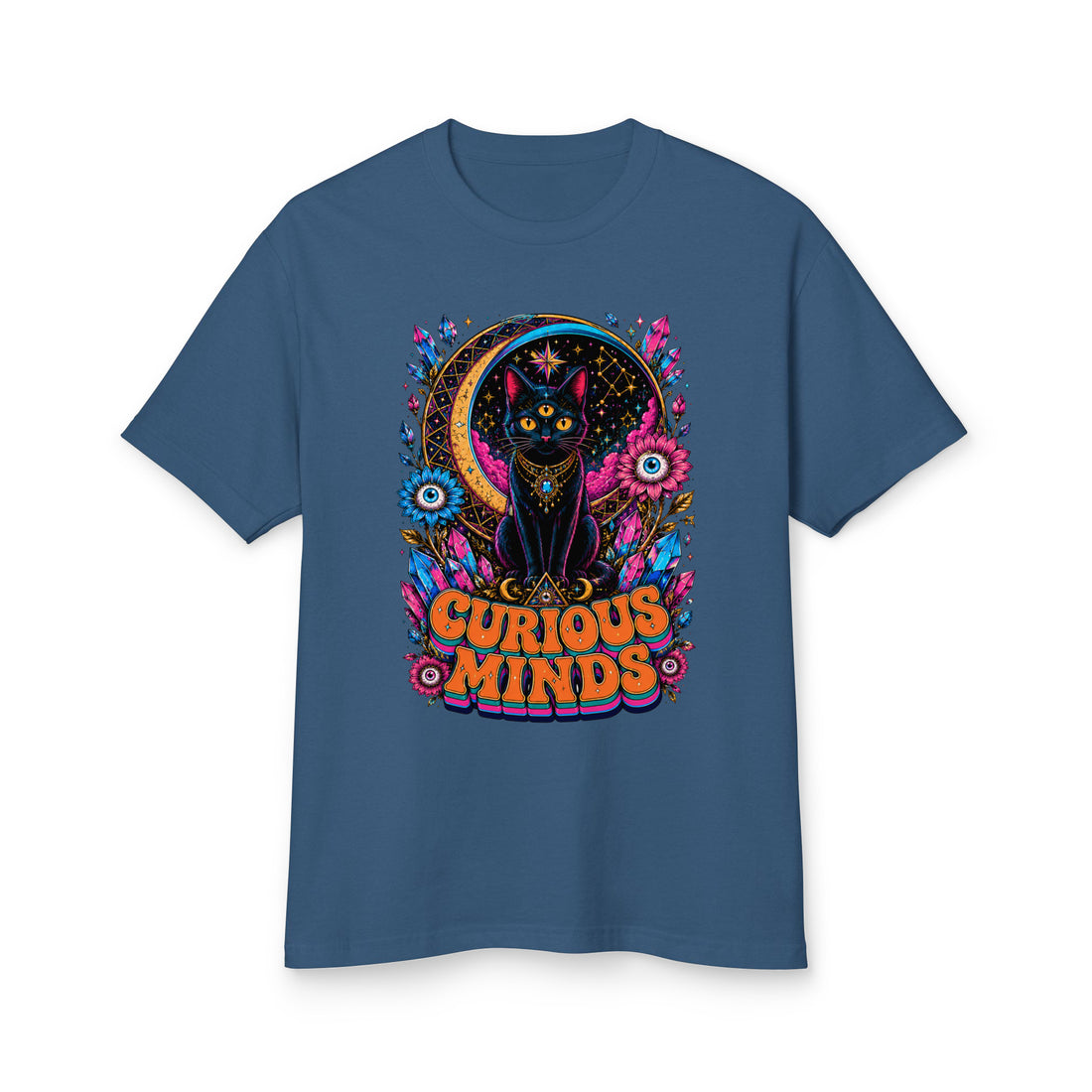 Horror and Mystery Lovers Unisex Garment-Dyed Heavyweight Cotton Tee — "Curious Minds" Mystical Three-Eyed Cat Design by printfluence.net