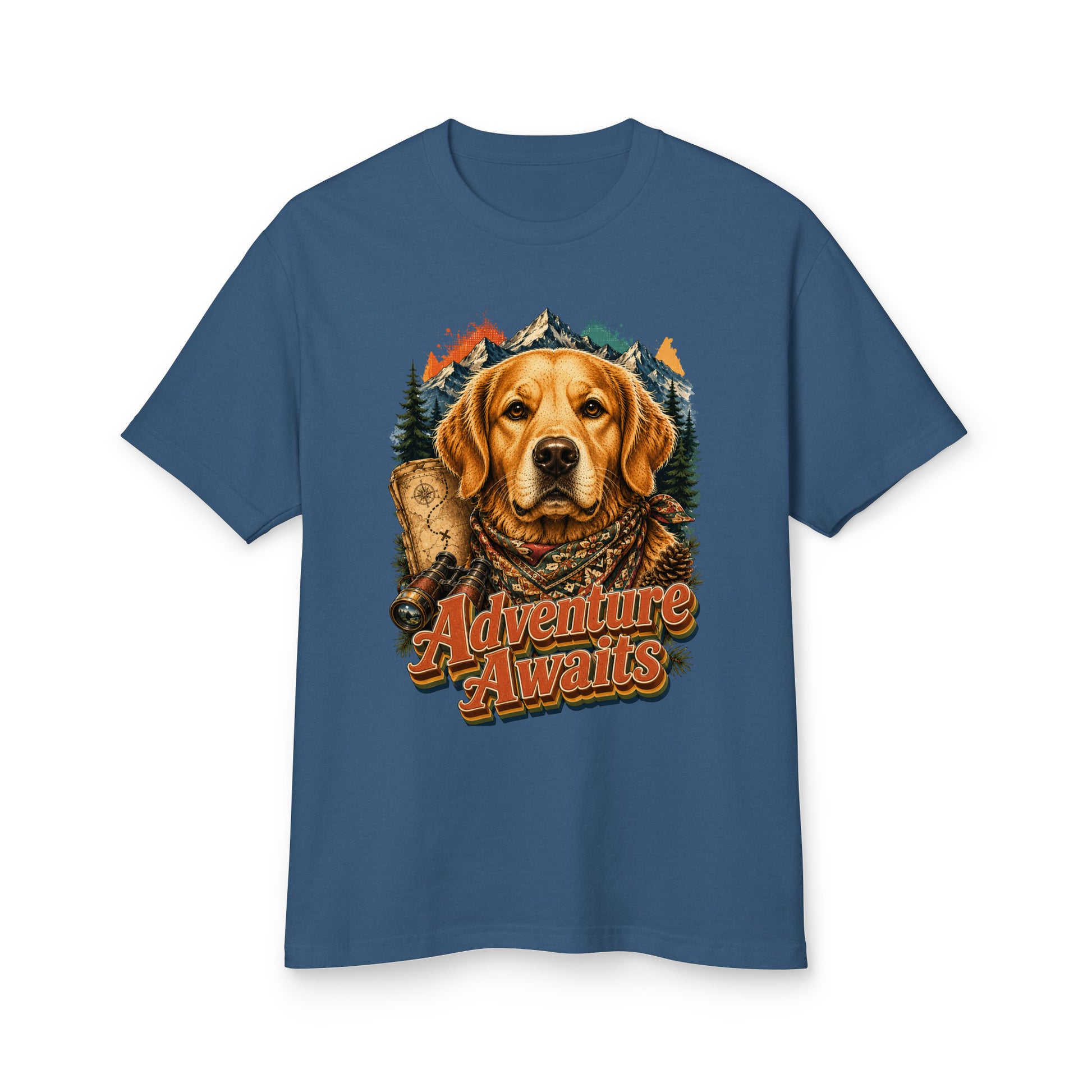 Golden Retriever Lovers Garment-Dyed Cotton Tee — "Adventure Awaits" Explorer Dog, Mountains, and Map Design by printfluence.net