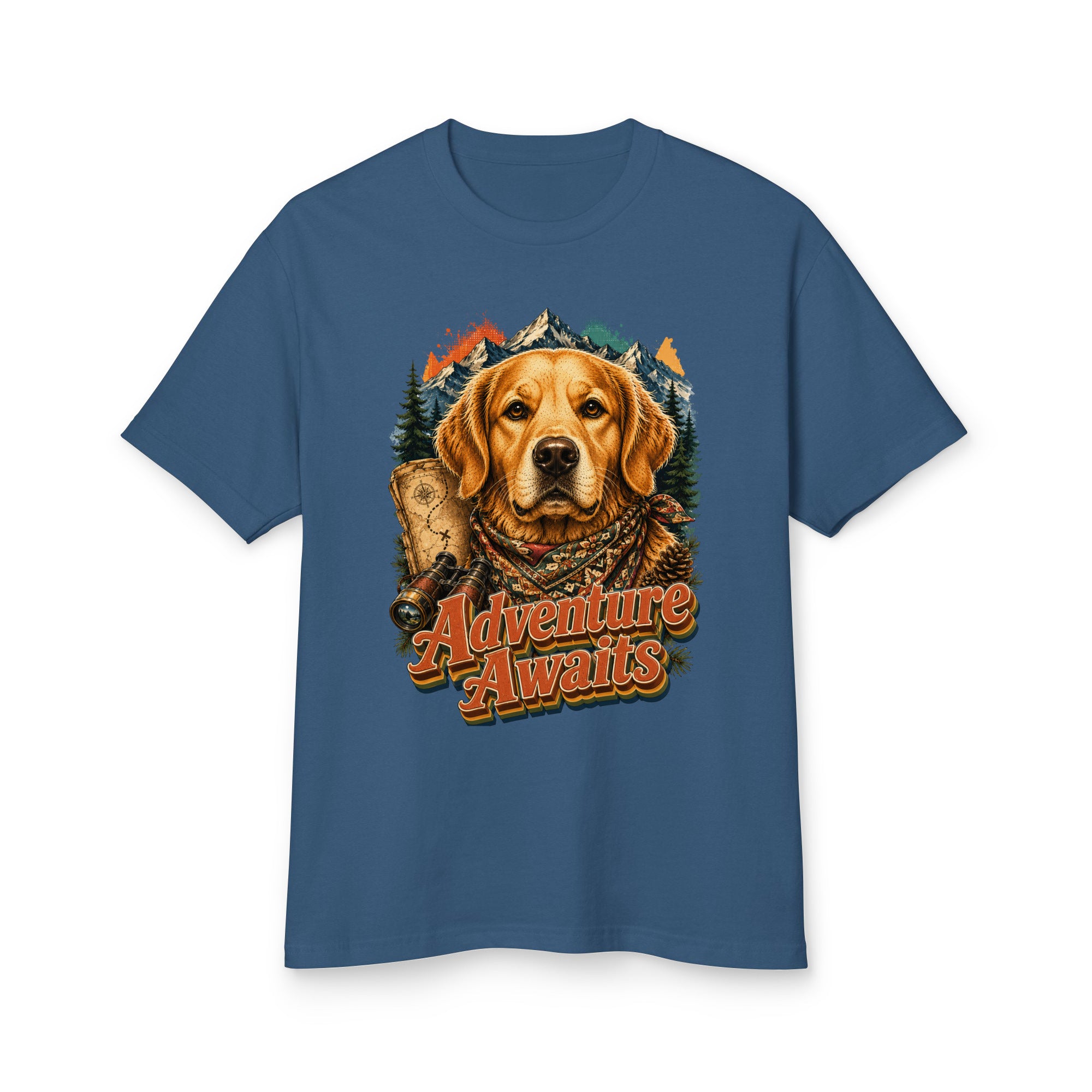 Golden Retriever Lovers Garment-Dyed Cotton Tee — "Adventure Awaits" Explorer Dog, Mountains, and Map Design by printfluence.net