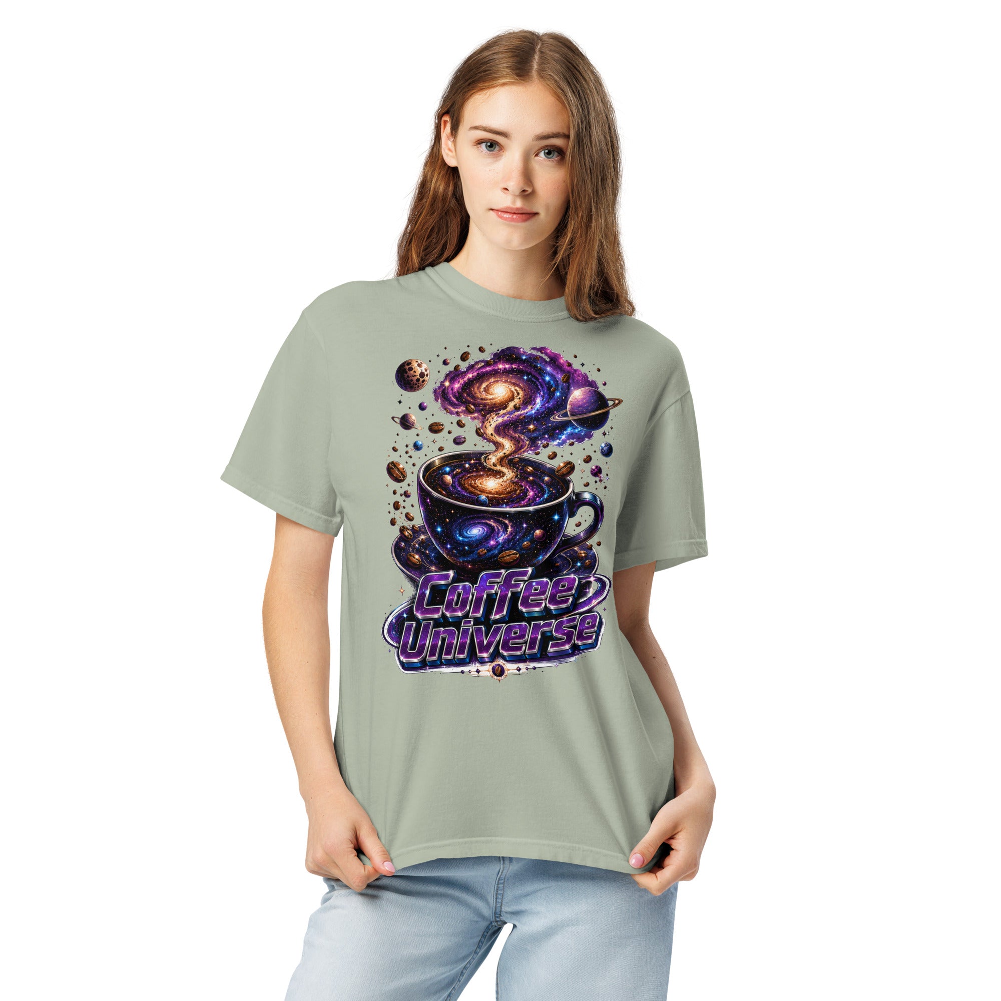 Coffee Lovers Unisex Garment-Dyed Heavyweight T-Shirt Coffee Universe – Cosmic Galaxy & Coffee Bean Graphic Tee by printfluence.net